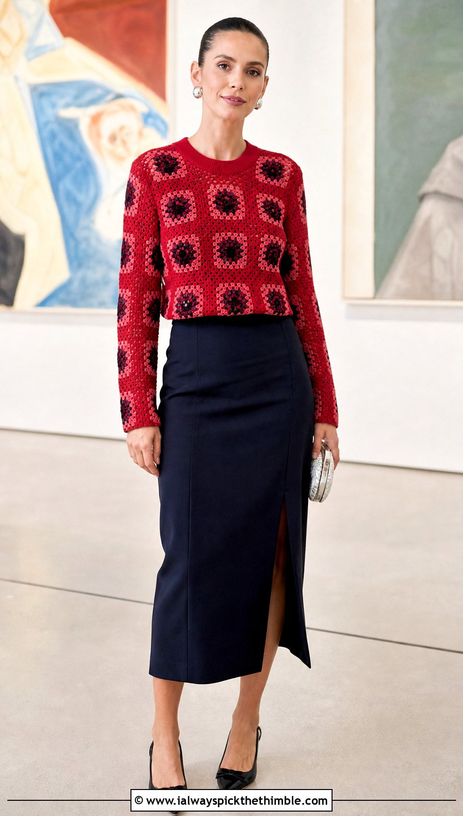 Fine Gauge Granny Square Jumper With Tailored Midi Skirt - 25 crochet granny square jumper outfit ideas
