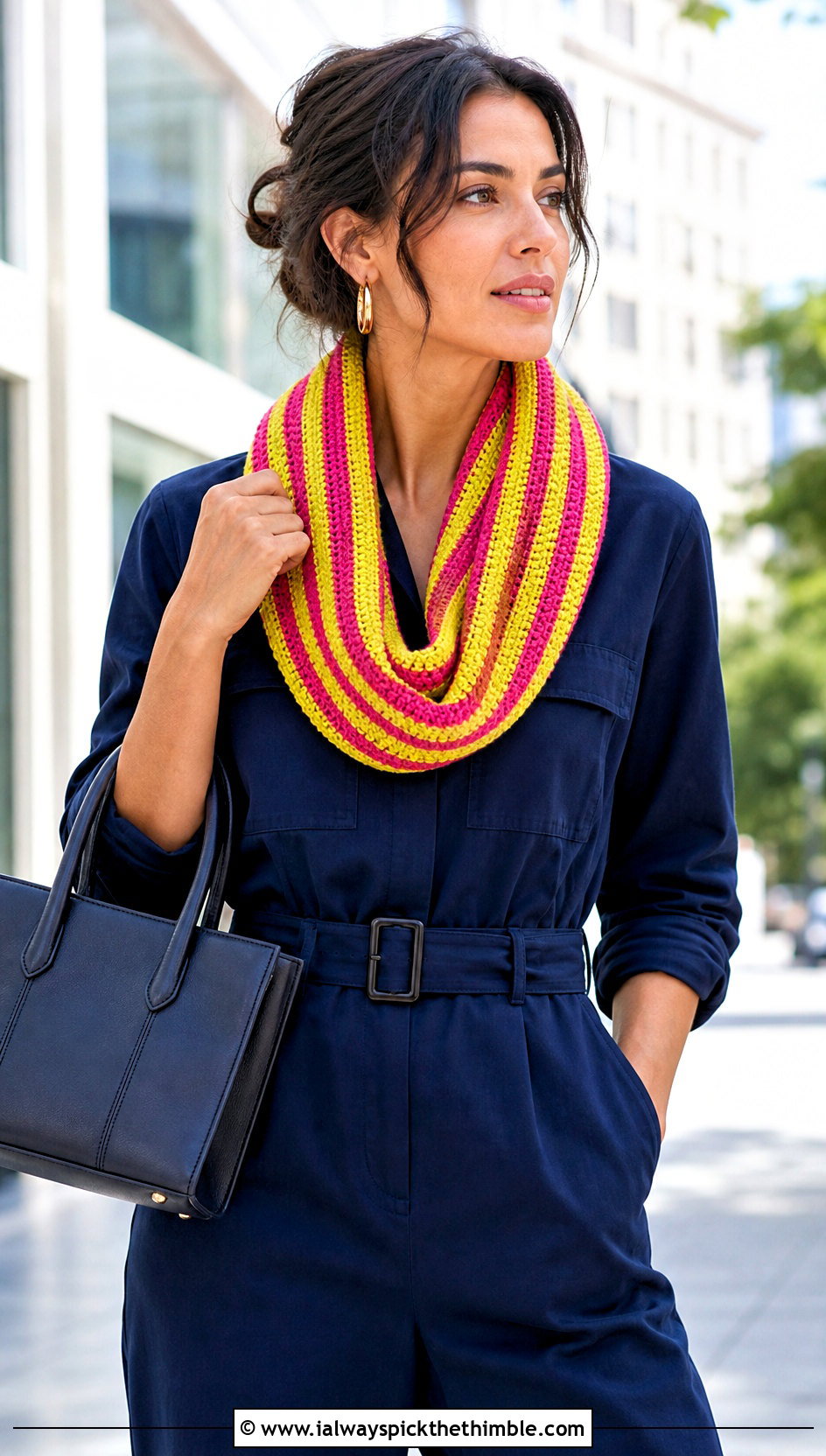 Fine Gauge Striped Crochet Infinity Scarf With Utility Jumpsuit - 15 Striped Crochet Infinity Scarf outfit ideas