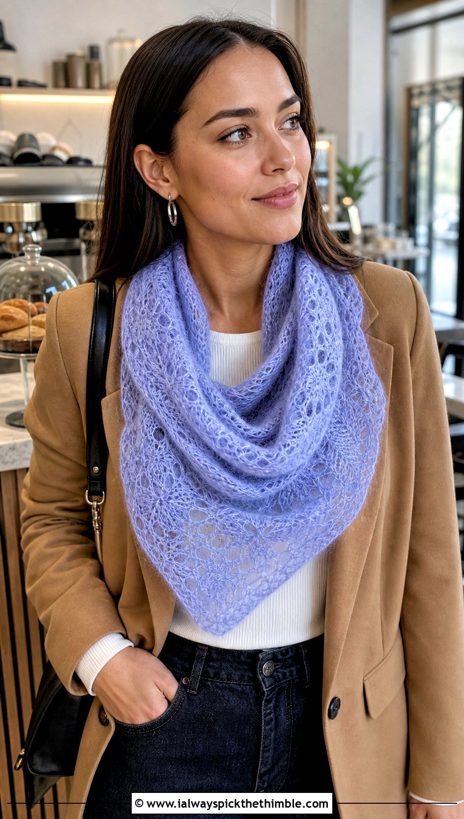Fine Mohair Fan Stitch Shawl With Blazer And Jeans - 20 Crochet Fan Stitch Shawl outfit ideas