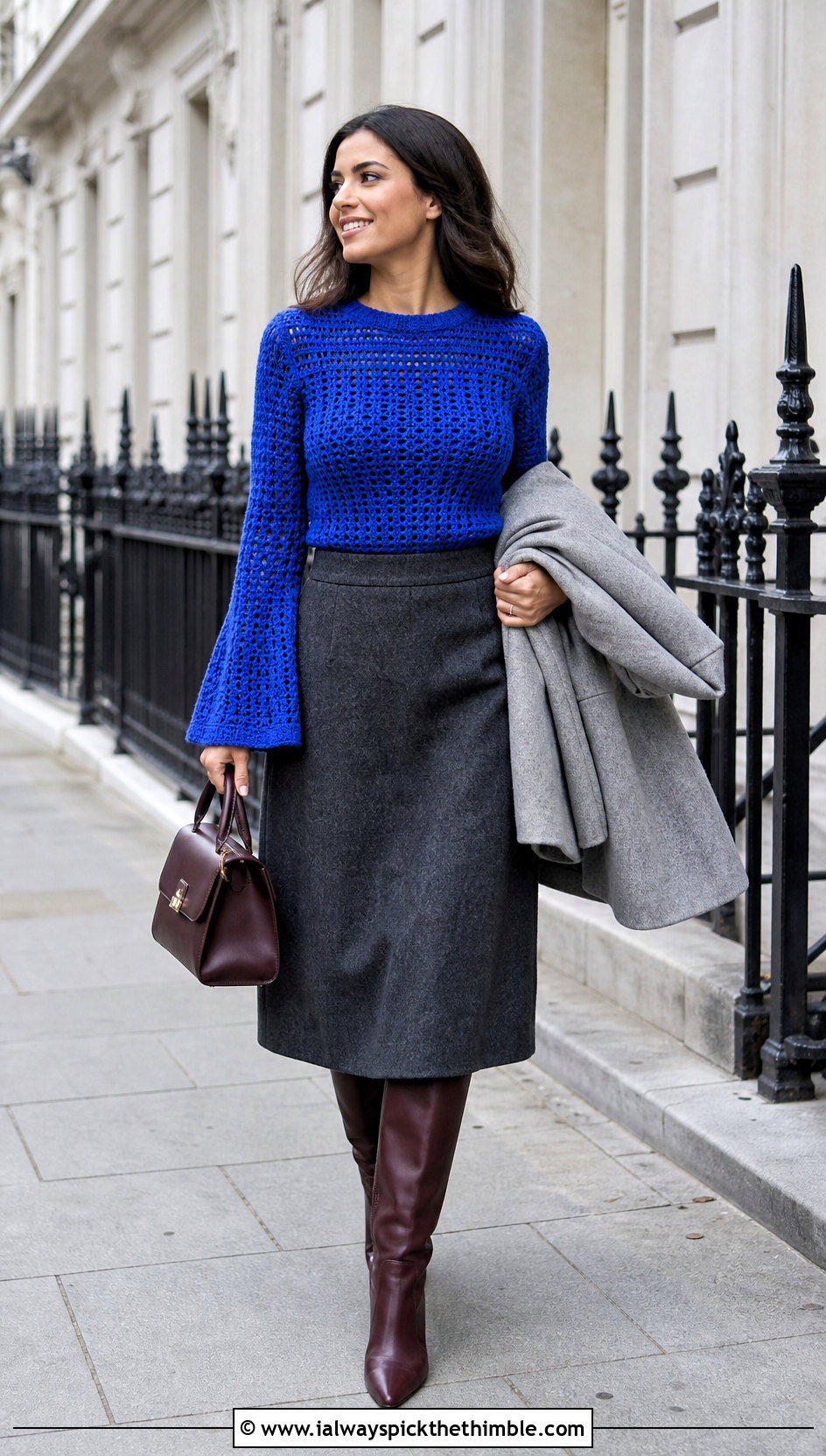 Fine Stitch Crochet Bell Sleeve Top With Wool Midi Skirt - 20 crochet top with bell sleeves outfit ideas
