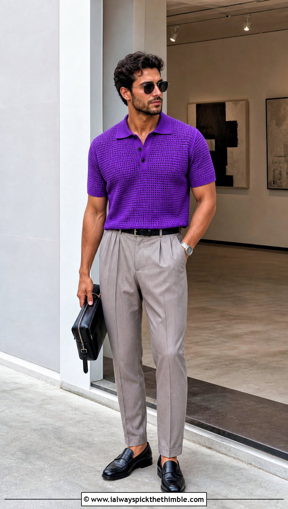 Fine Stitch Crochet Polo With Pleated Trousers - 25 crochet clothes for men outfit ideas