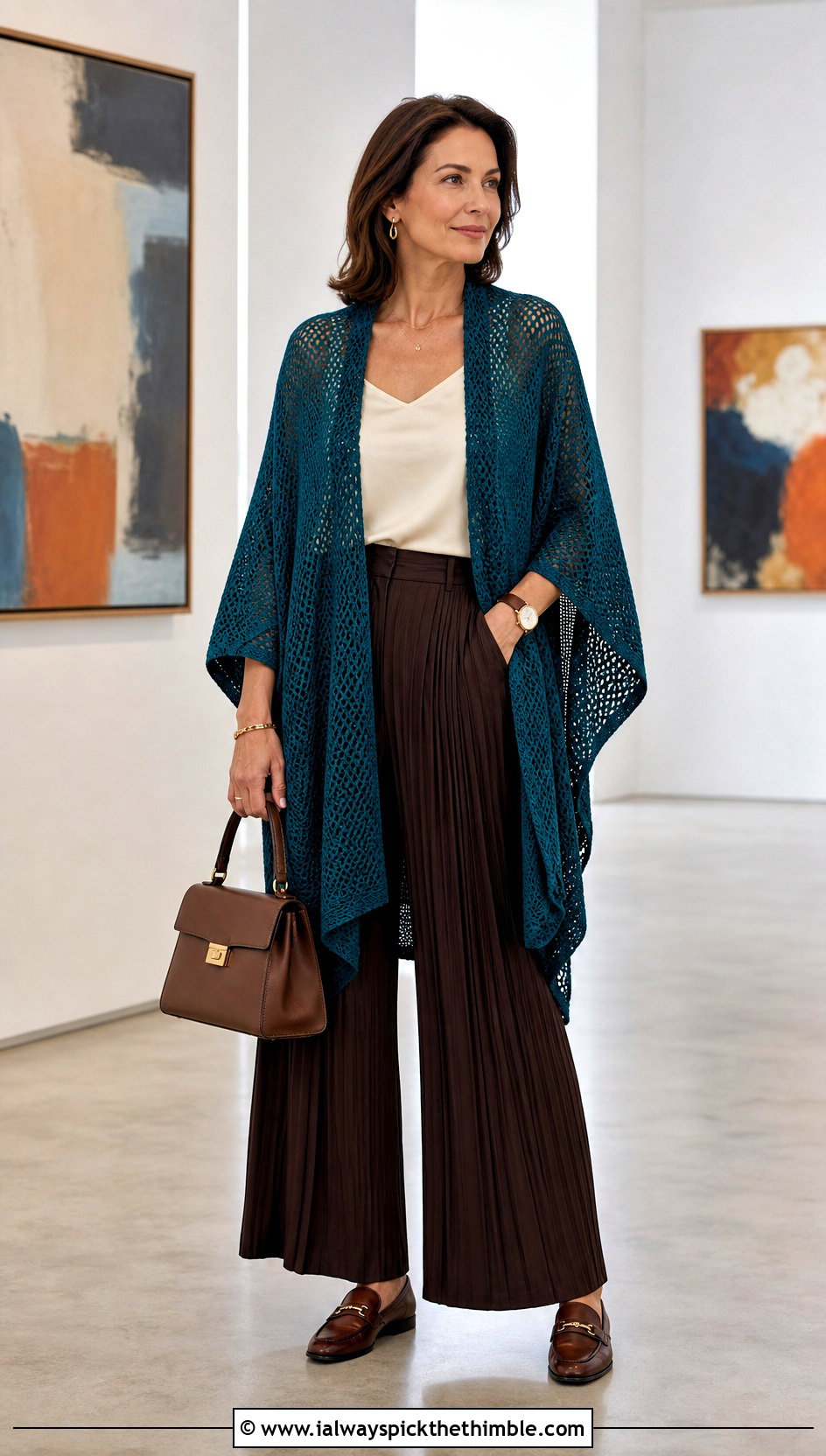 Fine Stitch Crochet Ruana With Pleated Trousers - 20 crochet shawl with arm holes outfit ideas