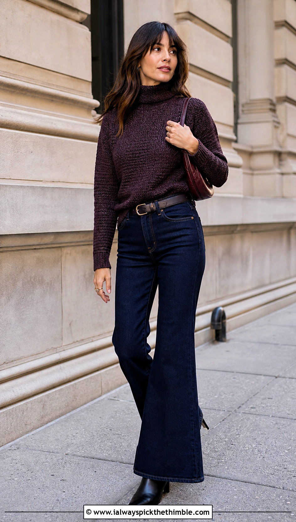 Fine Stitch Crochet Turtle Neck Sweater With Flare Jeans - 25 crochet turtle neck sweater outfit ideas