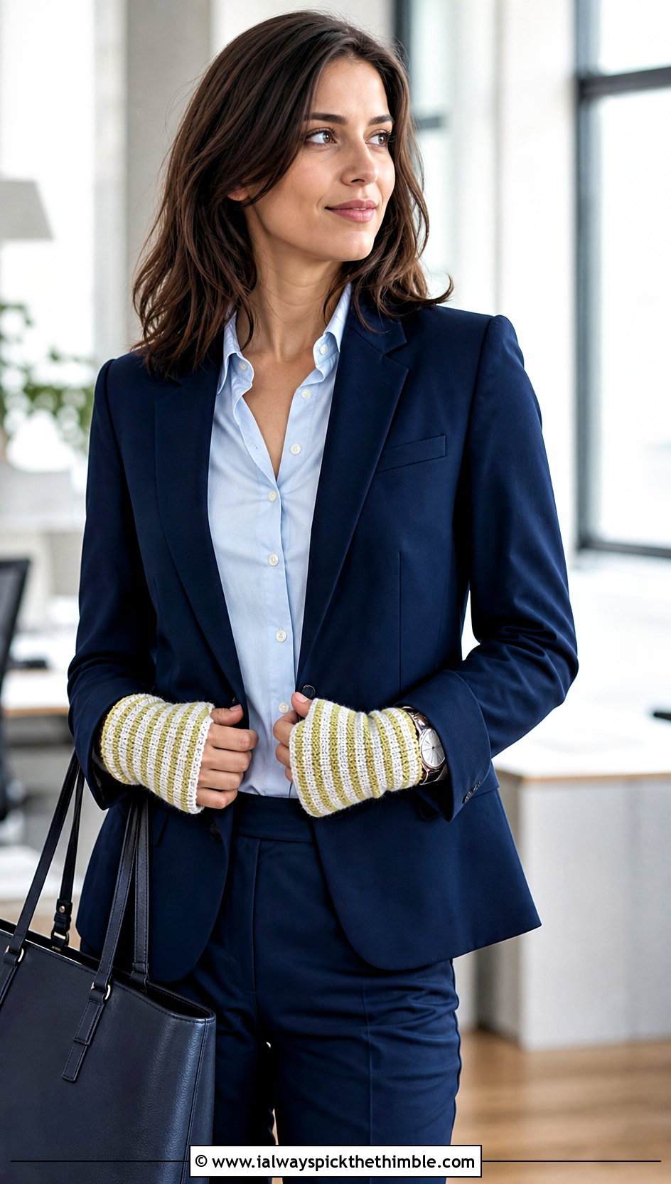 Fine Stripe Crochet Wrist Warmers With Office Suit - 15 Striped Crochet Arm Warmers outfit ideas