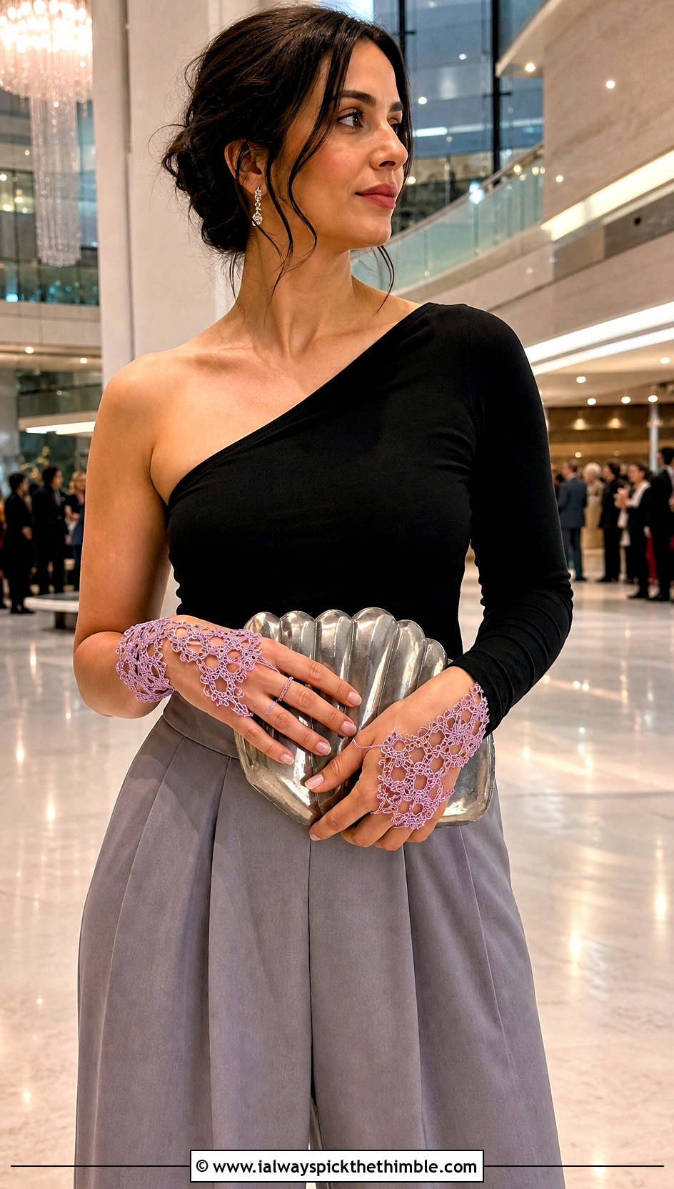 Finger Loop Crochet Lace Handlets With One Shoulder Top - 20 crochet lace gloves outfit ideas