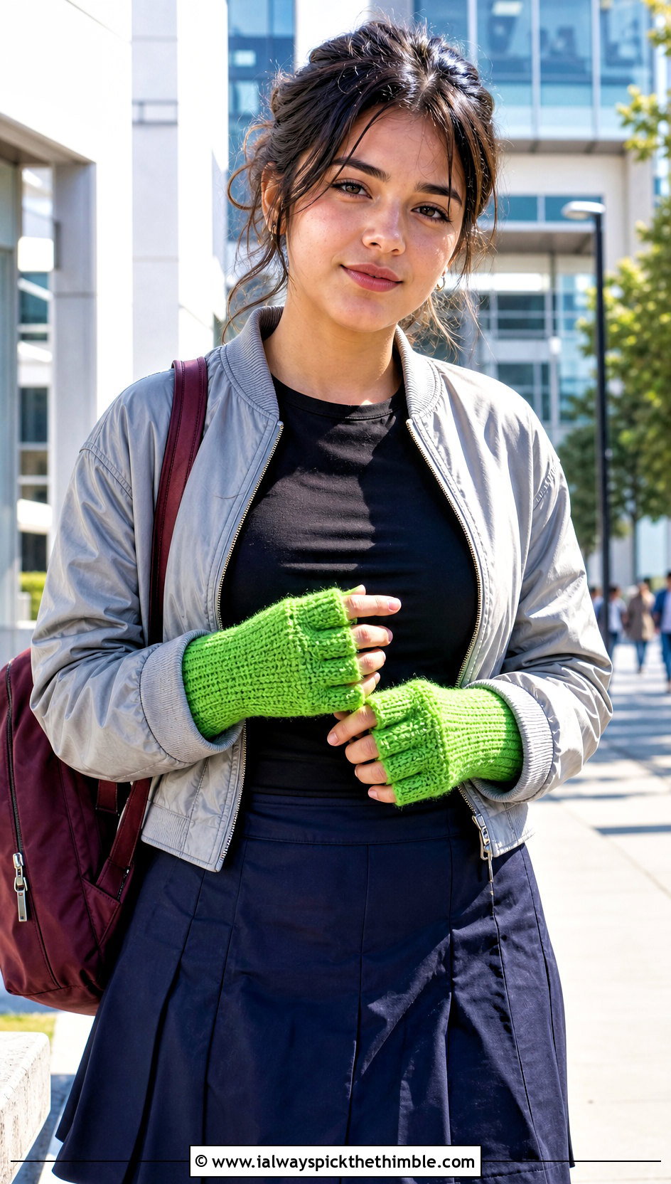 Finger Opening Tunisian Gloves With Bomber Jacket And Pleated Skirt - 20 tunisian crochet fingerless gloves outfit ideas