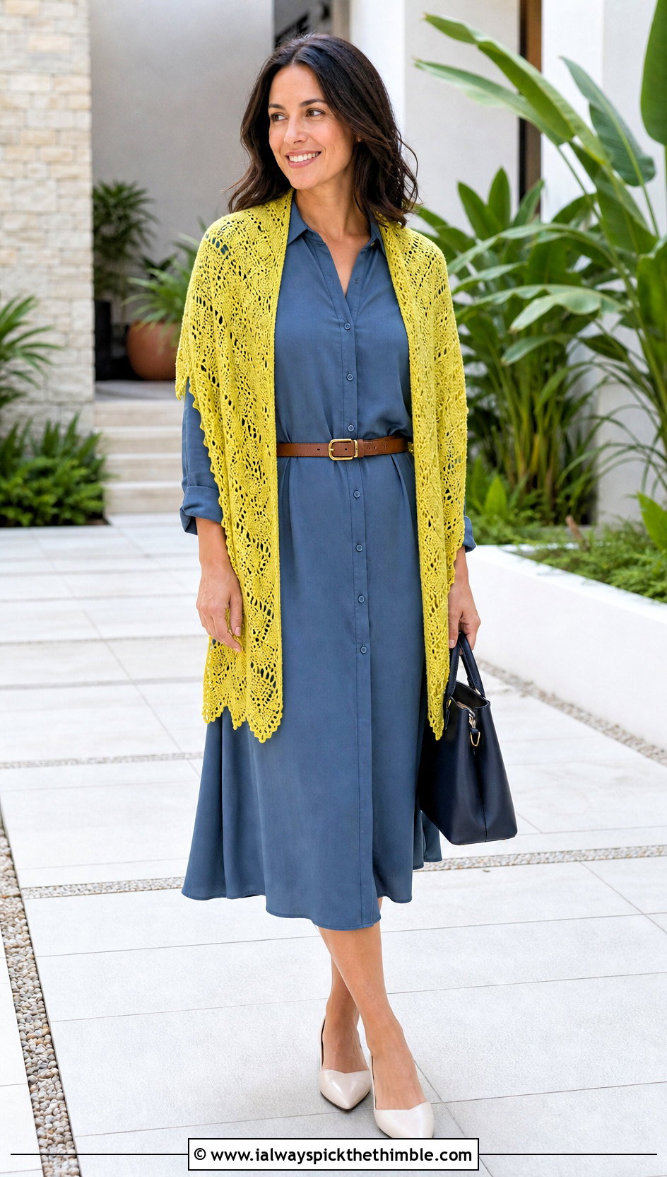 Fingering Weight Highlander Shawl With Shirt Dress - 20 Crochet Highlander Shawl outfit ideas