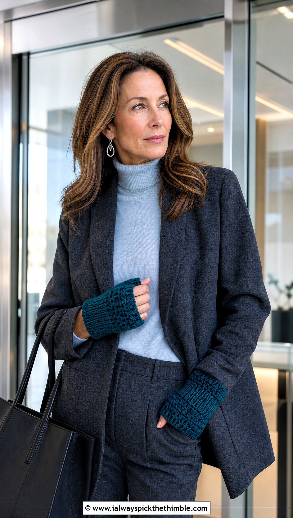 Fingerless Chunky Crochet Mittens With Blazer and Tailored Trousers - 20 Chunky Yarn Crochet Mittens outfit ideas