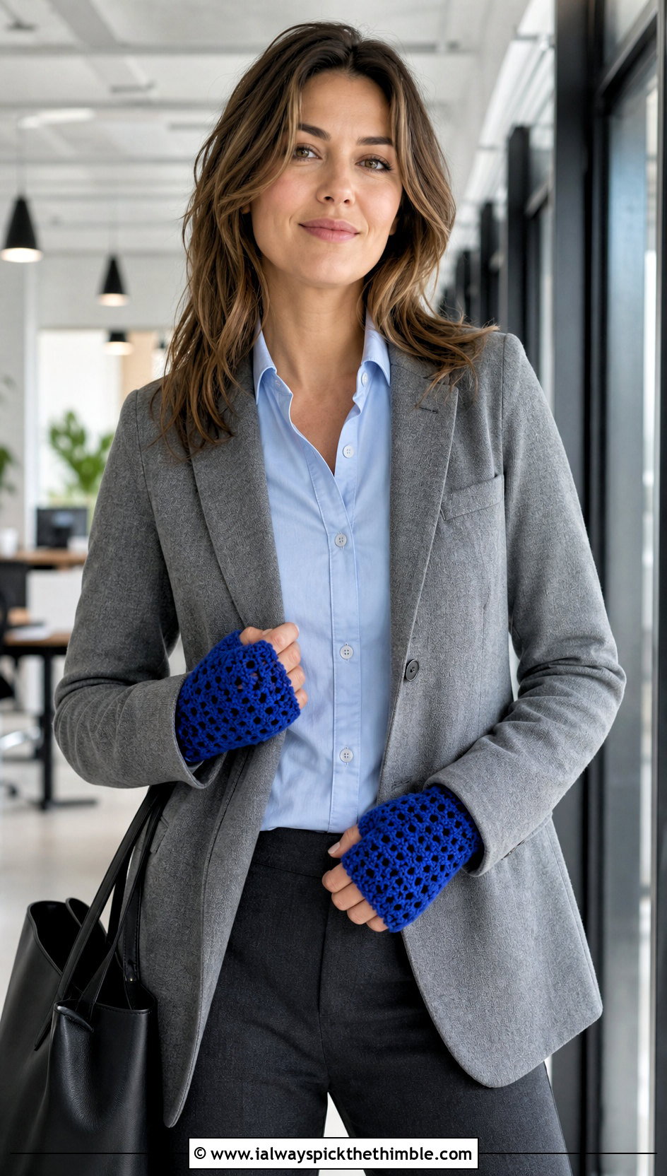 Fingerless Crochet Mittens With Blazer And Trousers - 20 Simple Crochet Mittens outfit ideas