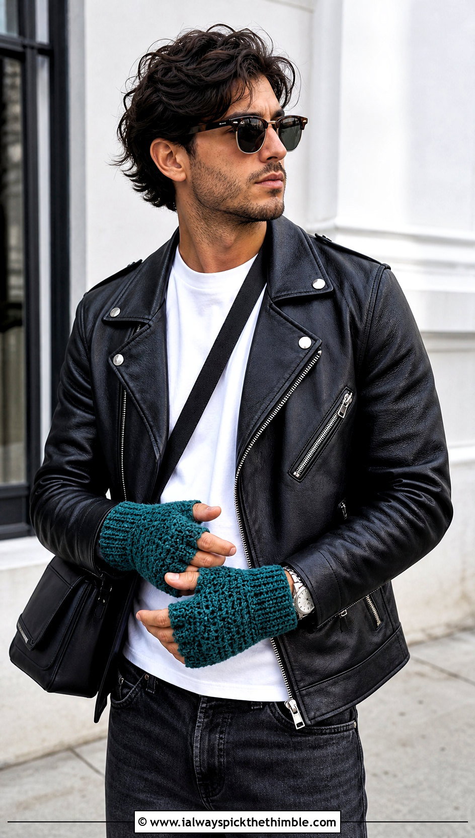 Fingerless Crochet Mittens With Leather Jacket - 20 Mens Crochet Mittens outfit ideas