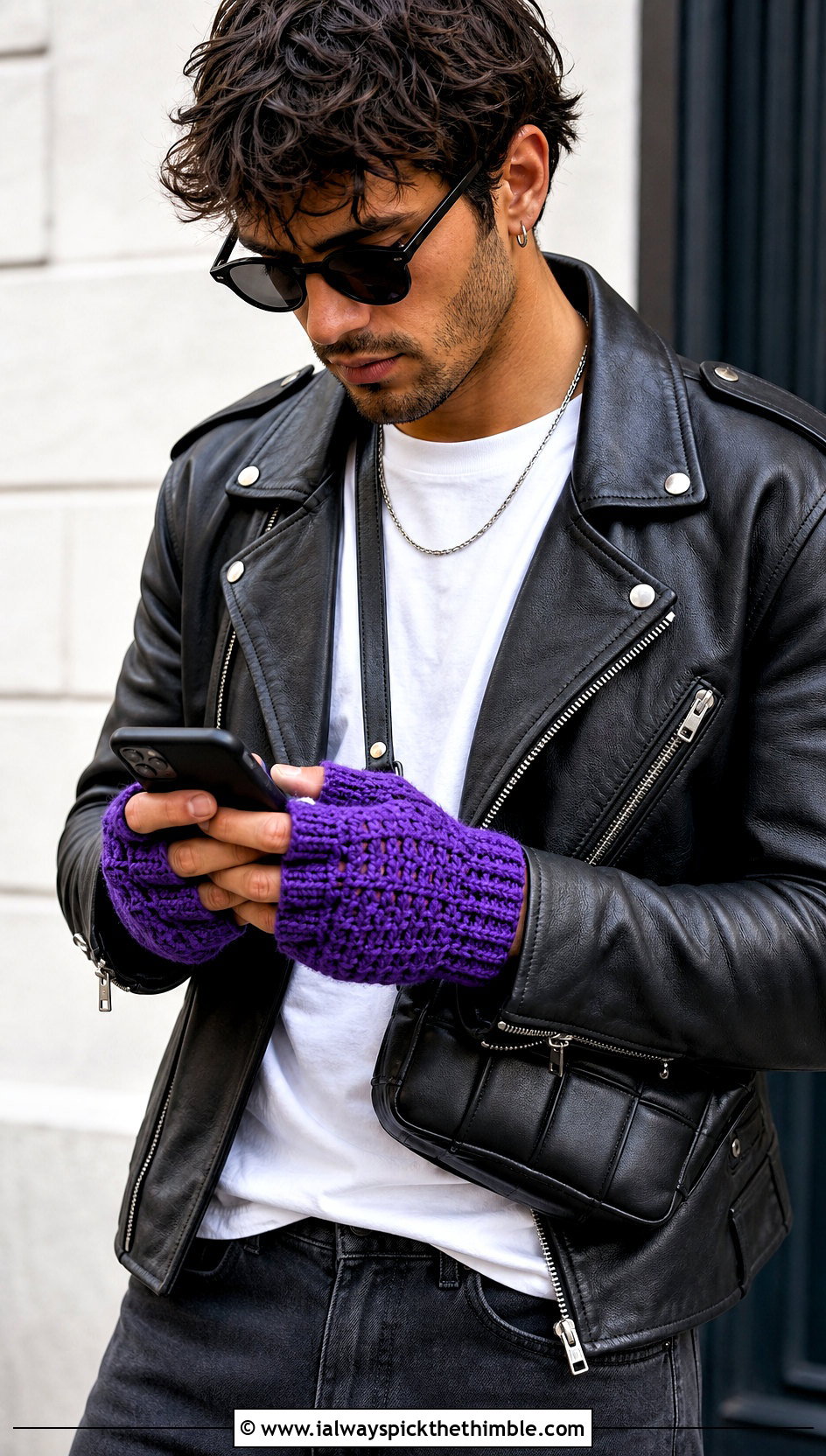 Fingerless Crochet Mittens With Leather Jacket - 20 Crochet Mens Mittens outfit ideas