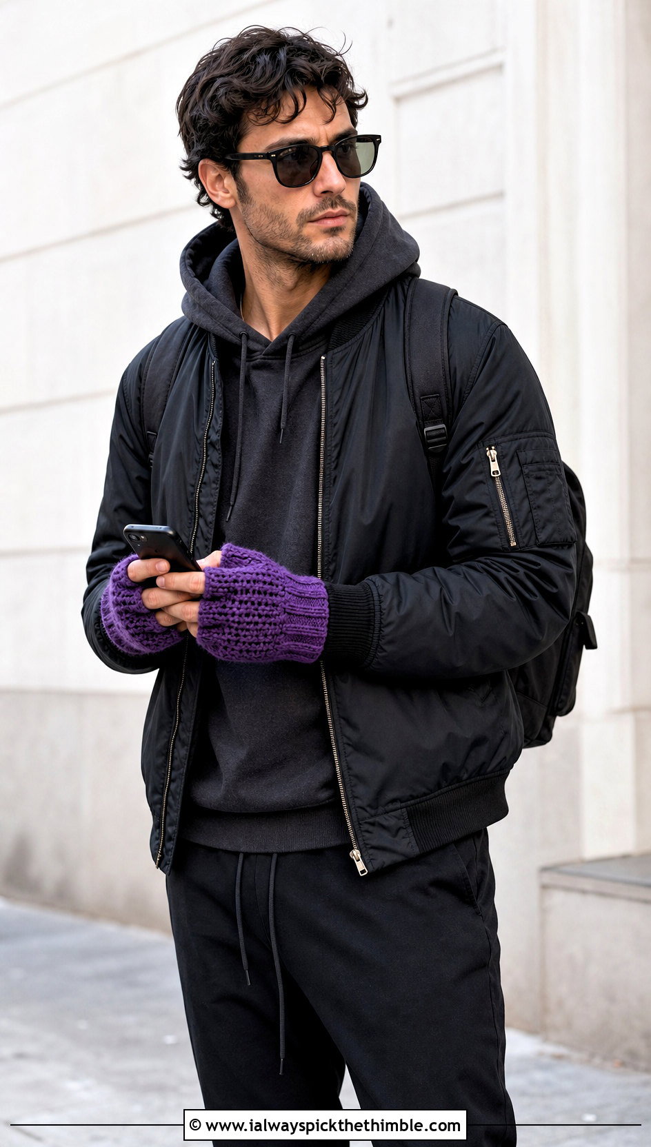 Fingerless Crochet Mitts With Bomber Jacket - 20 crochet mittens for men outfit ideas