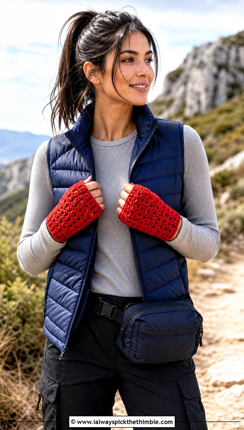 Fingerless Crochet Mitts With Puffer Vest - 25 Crochet Handwarmer outfit ideas
