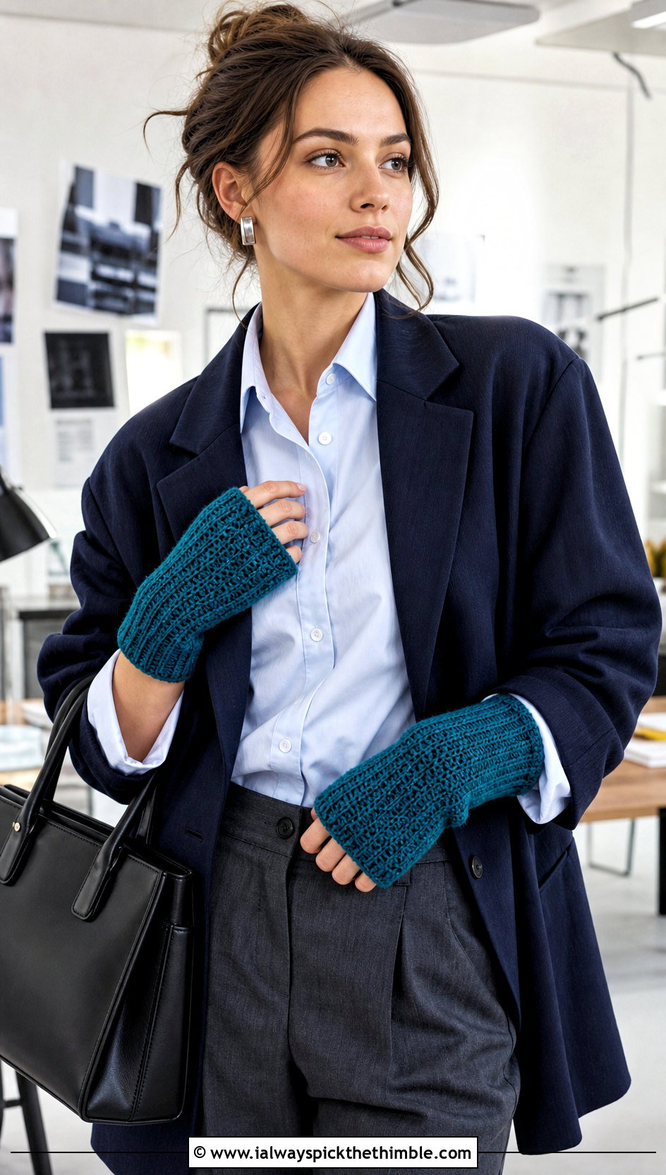Fingerless Crochet Ribbed Mittens With Blazer And Trousers - 15 Crochet Ribbed Mittens outfit ideas