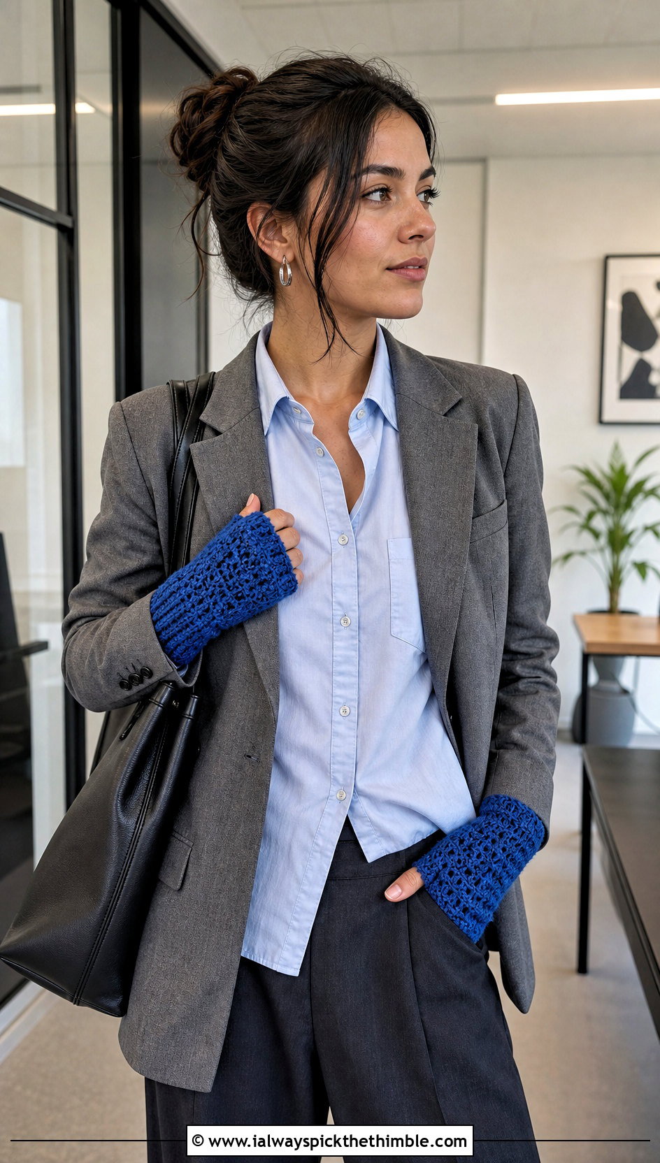 Fingerless Crocheted Mittens With Blazer And Trousers - 20 Easy Crocheted Mittens outfit ideas