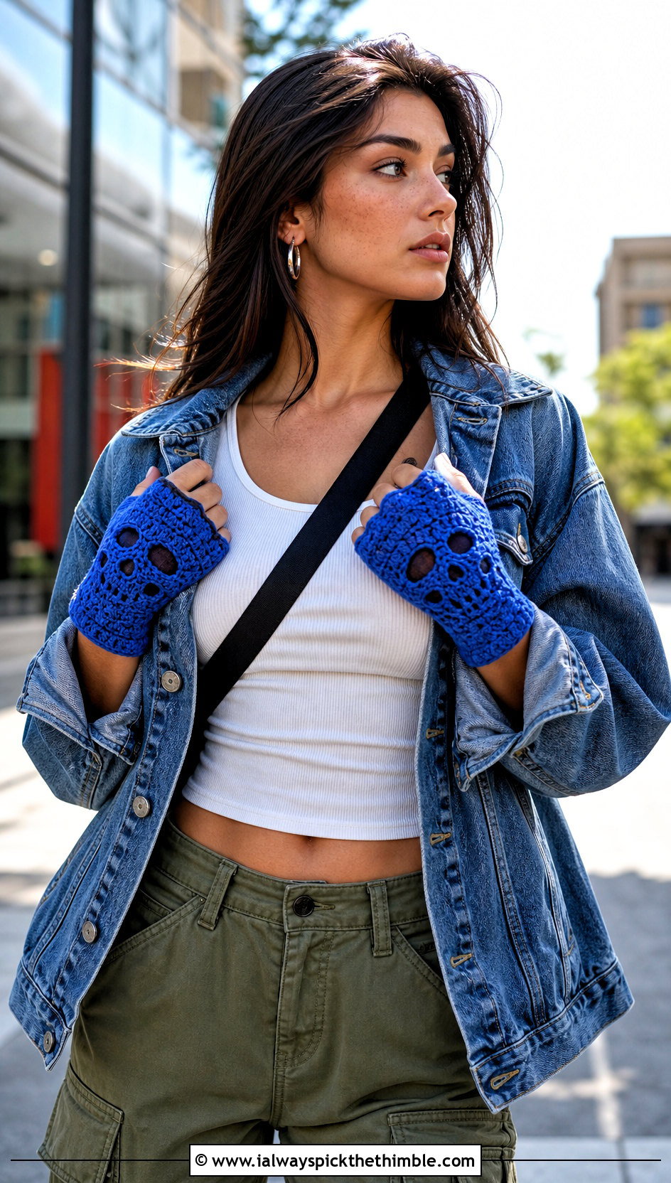 Fingerless Skull Gloves With Denim Jacket And Cargo Pants - 15 Crochet Skull Gloves outfit ideas