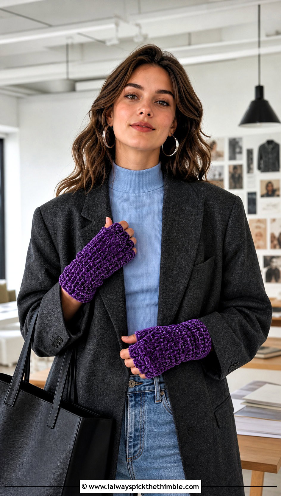 Fingerless Velvet Crochet Mittens With Blazer And Jeans - 20 velvet crochet mittens outfit ideas