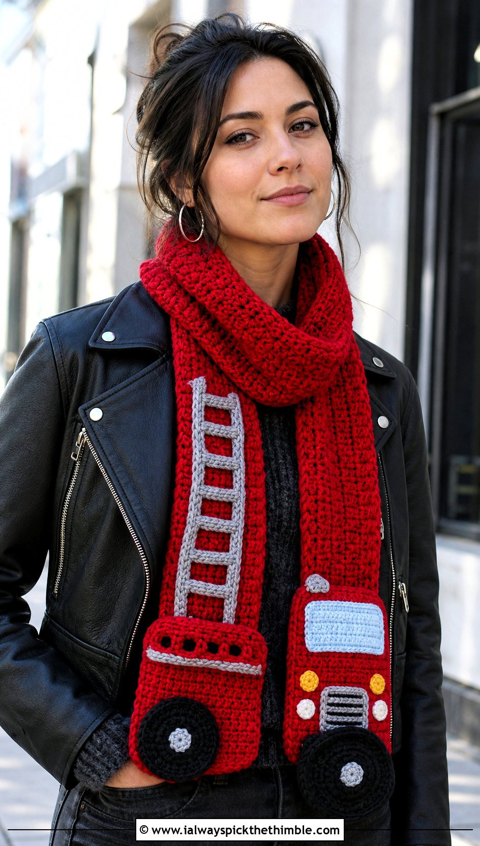 Fire Truck Crochet Scarf With Leather Jacket - 20 Crochet Truck Scarf outfit ideas