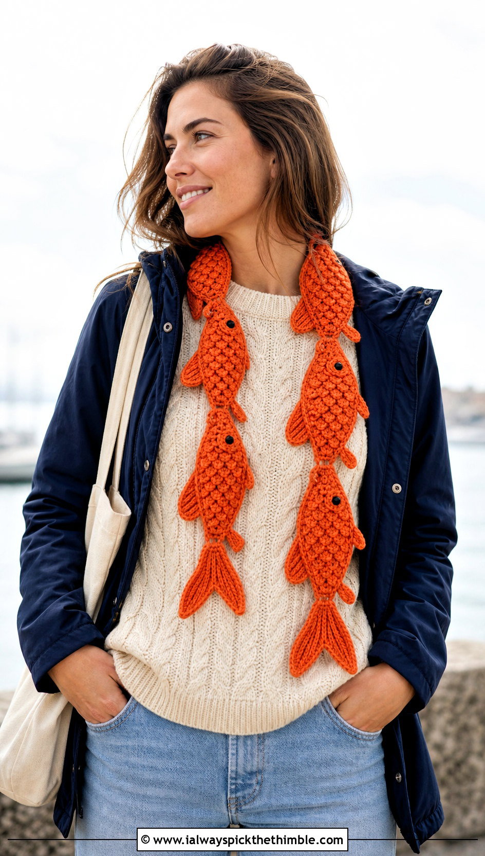 Fish Crochet Scarf With Coastal Sweater - 15 Funny Crochet Scarf outfit ideas
