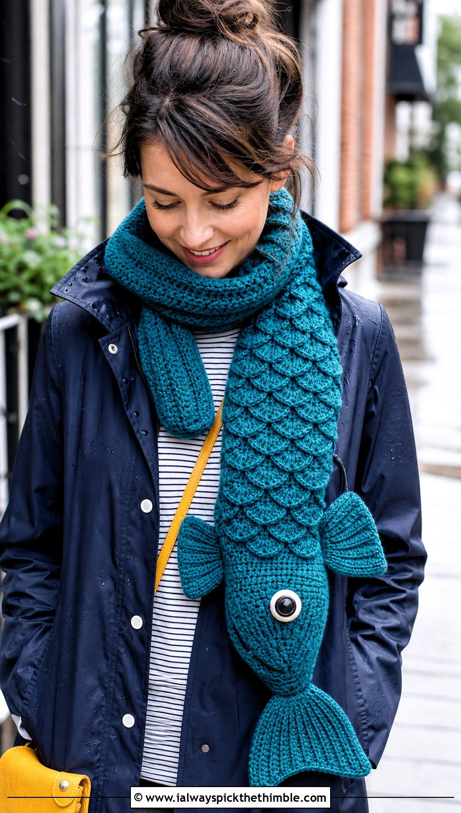 Fish Crochet Scarf With Raincoat Outfit - 15 Funny Crochet Scarves outfit ideas