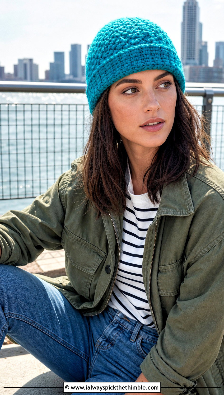 Fisherman Alpine Stitch Beanie With Utility Jacket And Straight Jeans - 15 Alpine Stitch Crochet Hat outfit ideas
