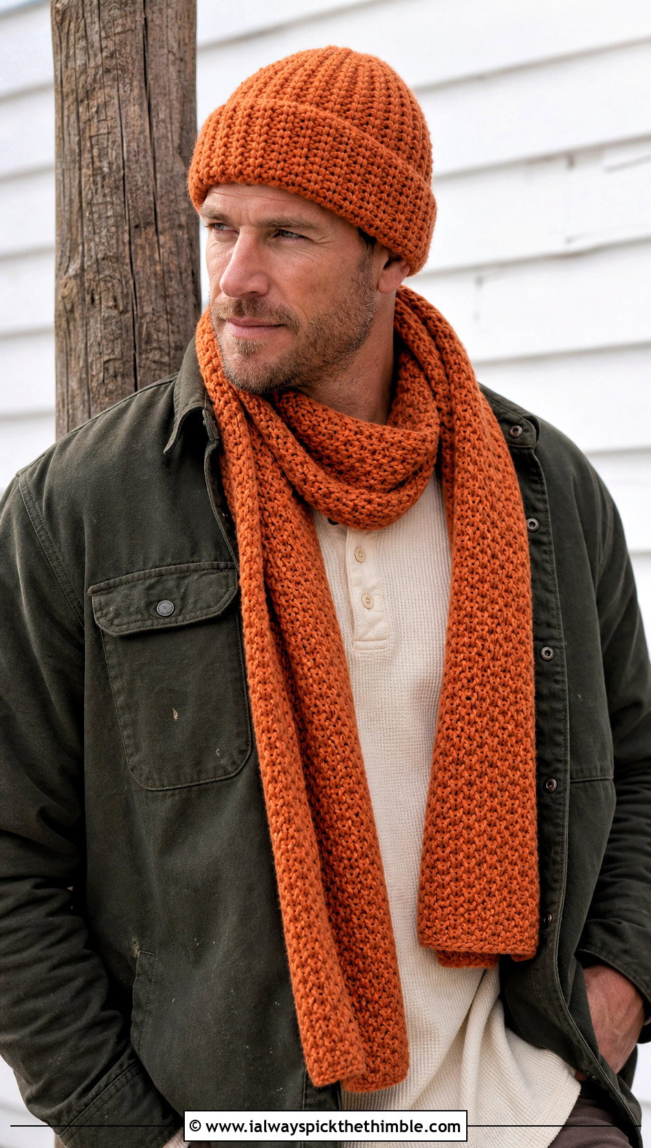 Fisherman Beanie And Moss Stitch Scarf With Workwear Jacket - 15 Mens Crochet Hat And Scarf outfit ideas