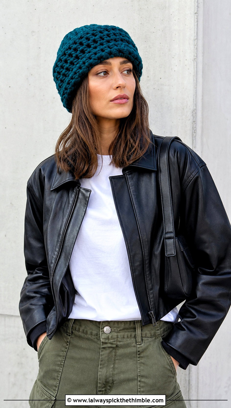 Fisherman Beanie With Leather Jacket And Cargo Pants - 15 Crochet Beanie With Super Bulky Yarn outfit ideas