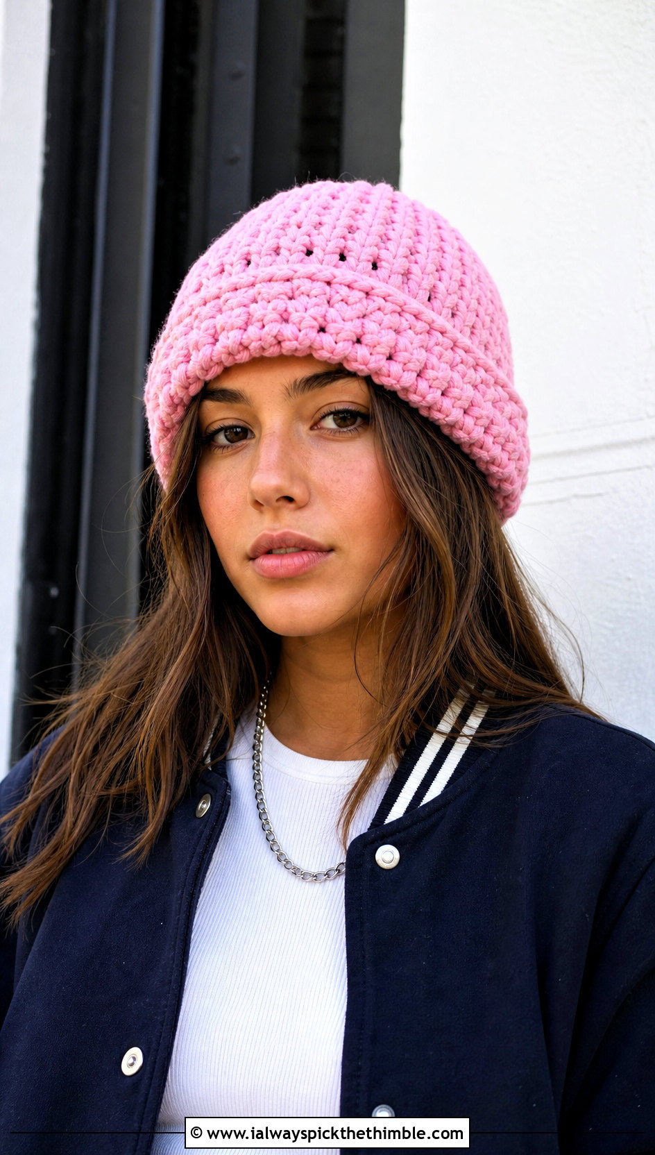Fisherman Blanket Yarn Crochet Beanie With Varsity Jacket - 15 blanket yarn crochet beanie outfit ideas