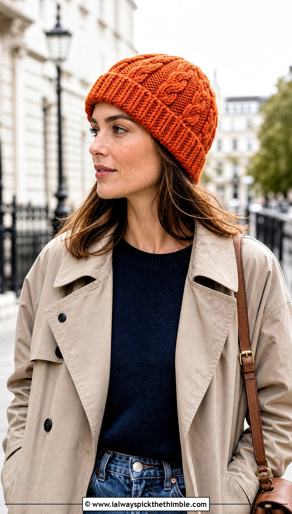 Fisherman Cable Crochet Beanie With Trench Coat - 20 Cable Knit Crochet Hat outfit ideas