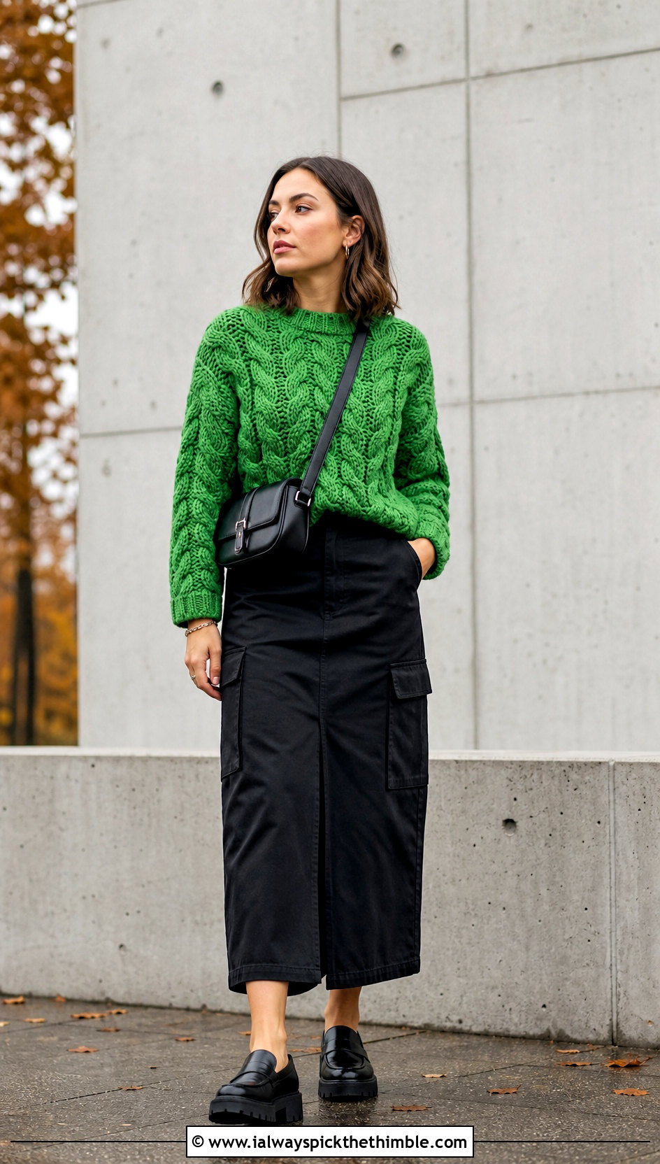 Fisherman Cable Crochet Sweater With Cargo Midi Skirt - 25 cable crochet sweater outfit ideas