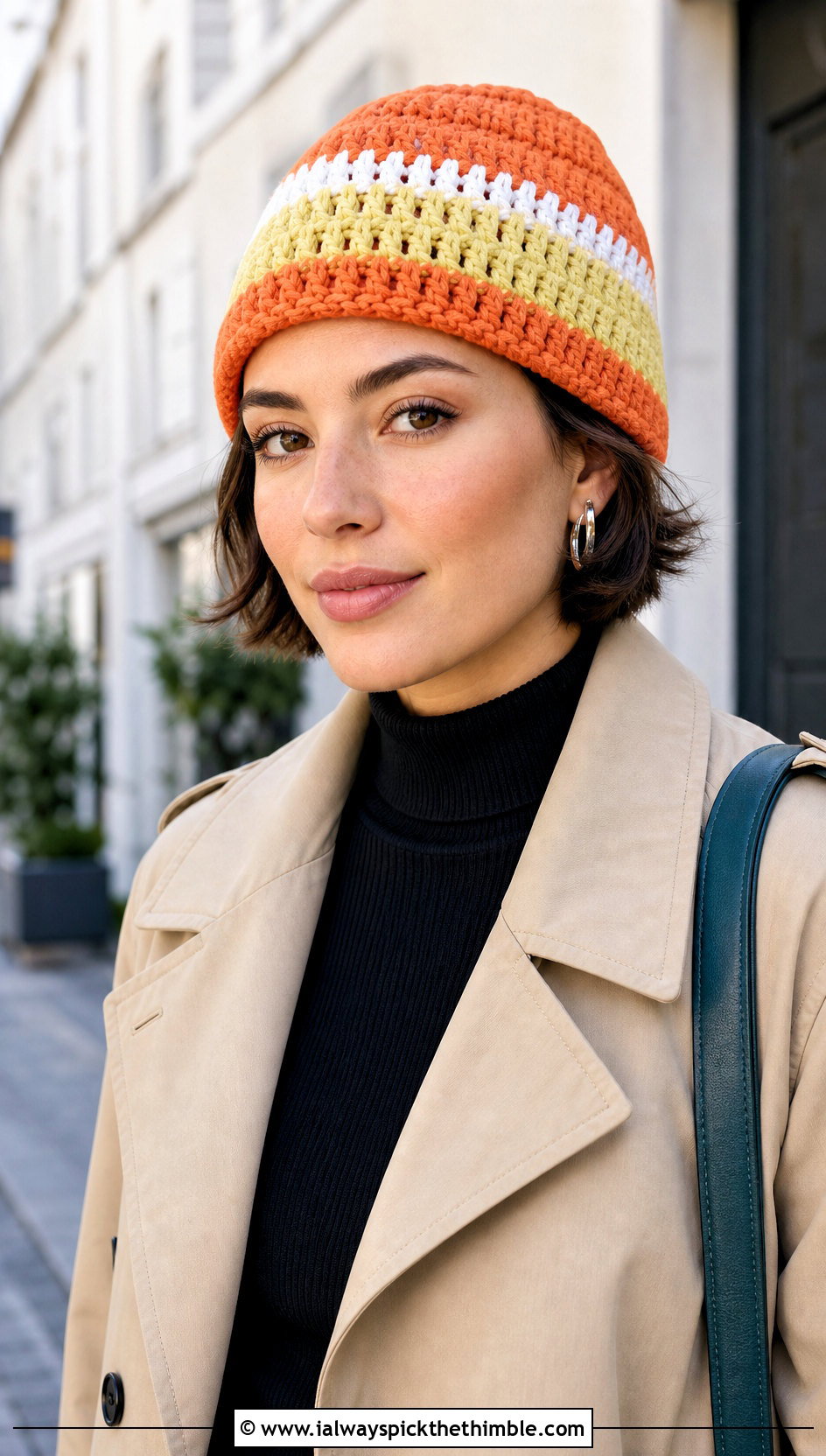 Fisherman Candy Corn Crochet Beanie With Trench Coat - 15 candy corn crochet beanie outfit ideas