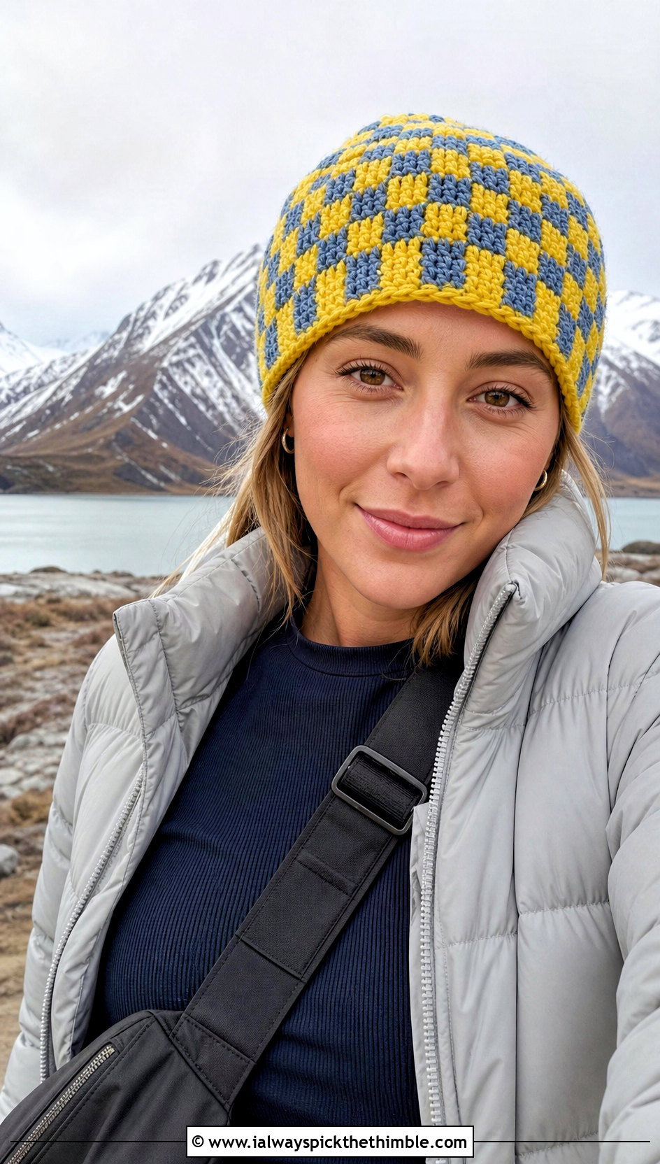 Fisherman Checkered Crochet Beanie With Puffer Jacket And Joggers - 15 Checkered Crochet Hat outfit ideas