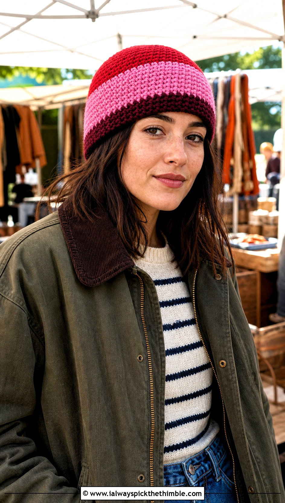 Fisherman Color Block Crochet Beanie With Barn Jacket And Straight Jeans - 20 Color Block Crochet Beanie outfit ideas