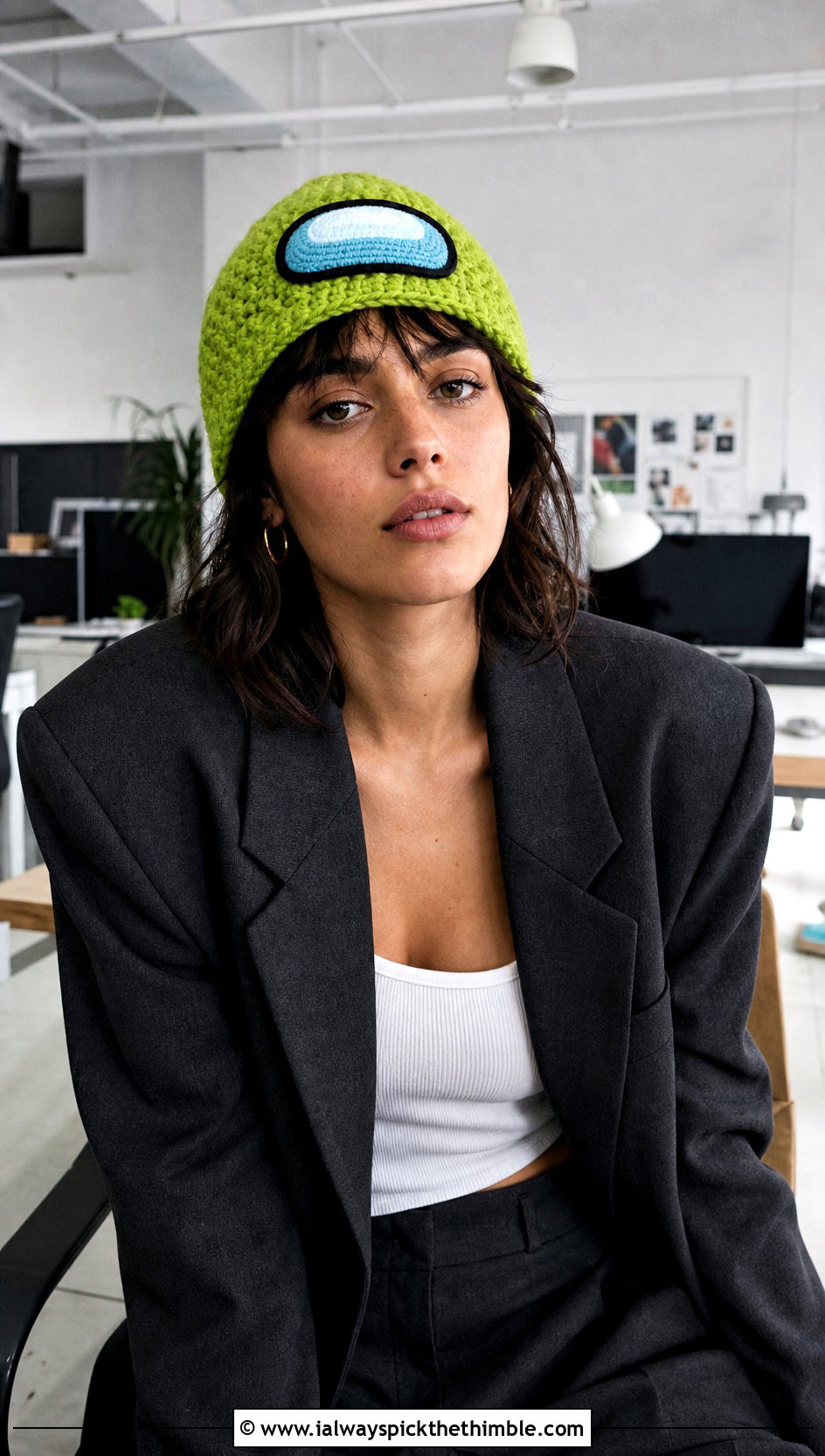 Fisherman Crewmate Beanie With Blazer And Trousers - 20 Among Us Crochet Hat outfit ideas