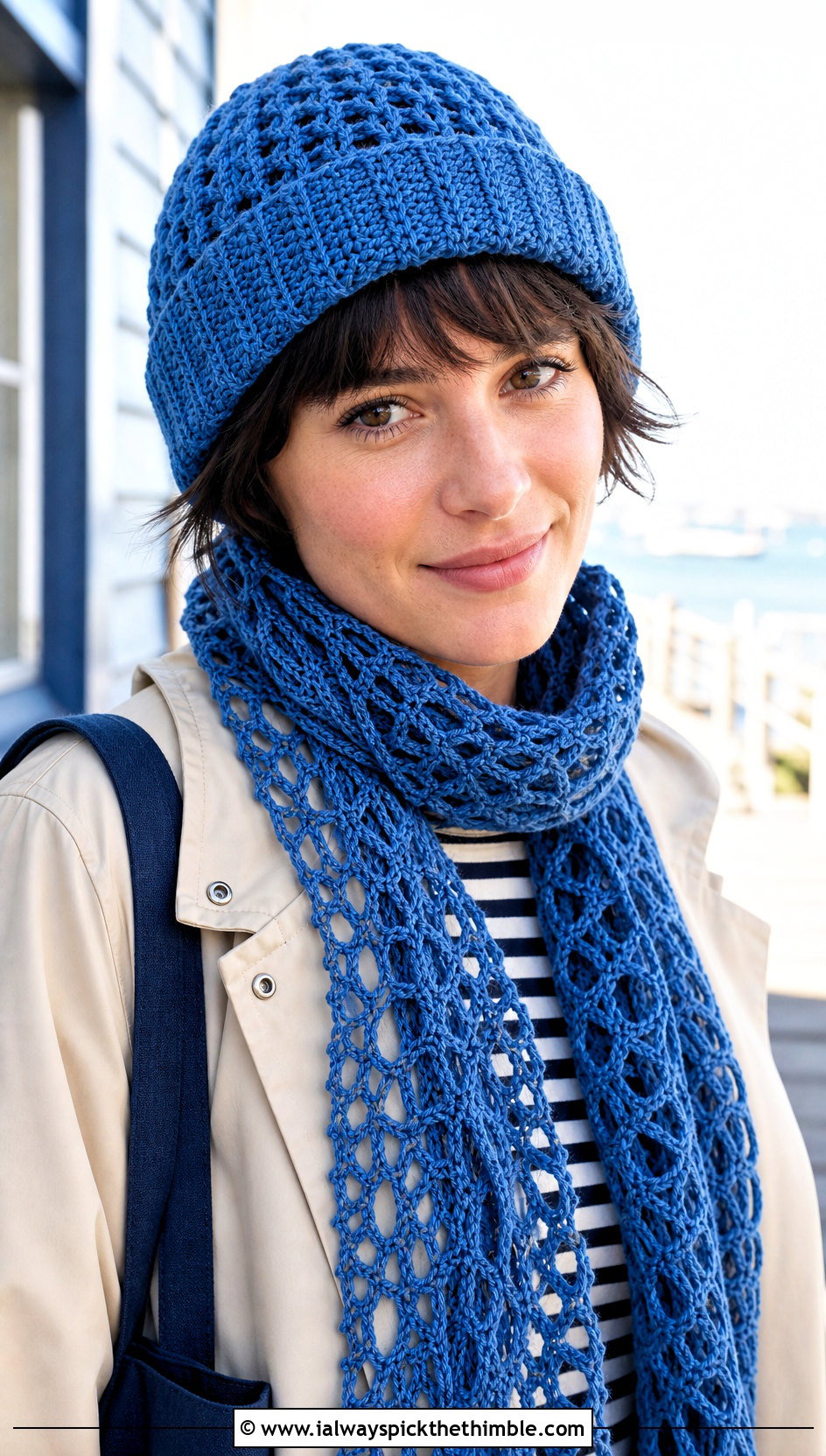 Fisherman Crochet Beanie And Lace Mesh Scarf With Striped Shirt - 15 Crochet Scarf Hat outfit ideas