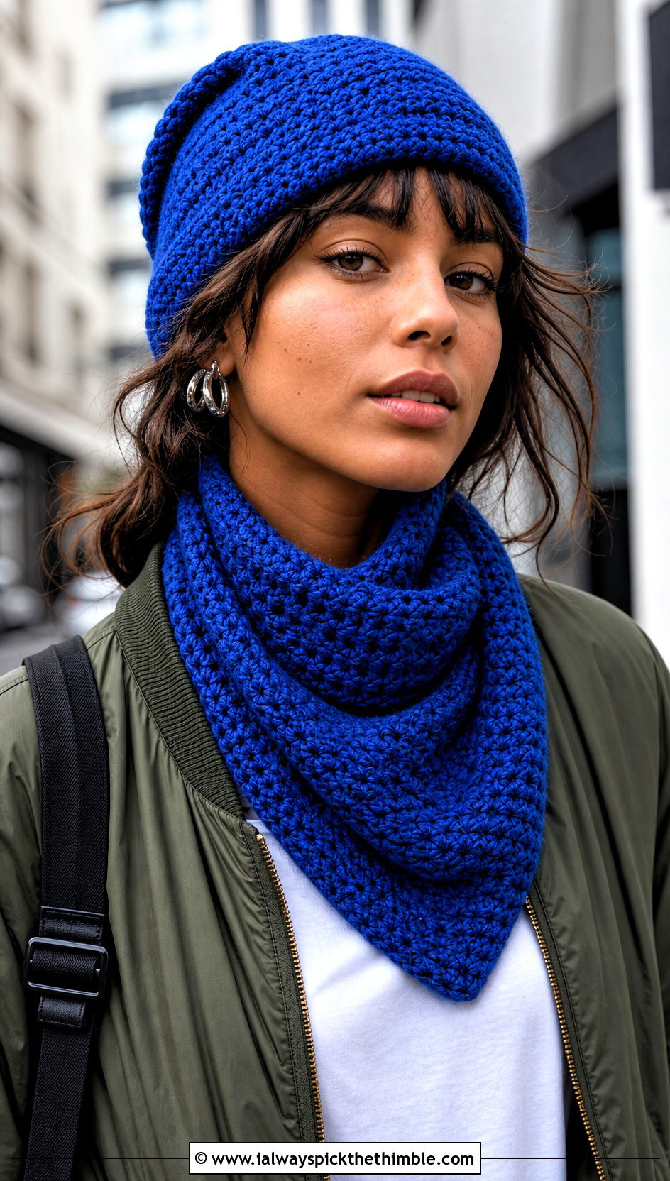 Fisherman Crochet Beanie And Neckerchief Scarf With Bomber Jacket - 25 crochet hat and scarf set outfit ideas