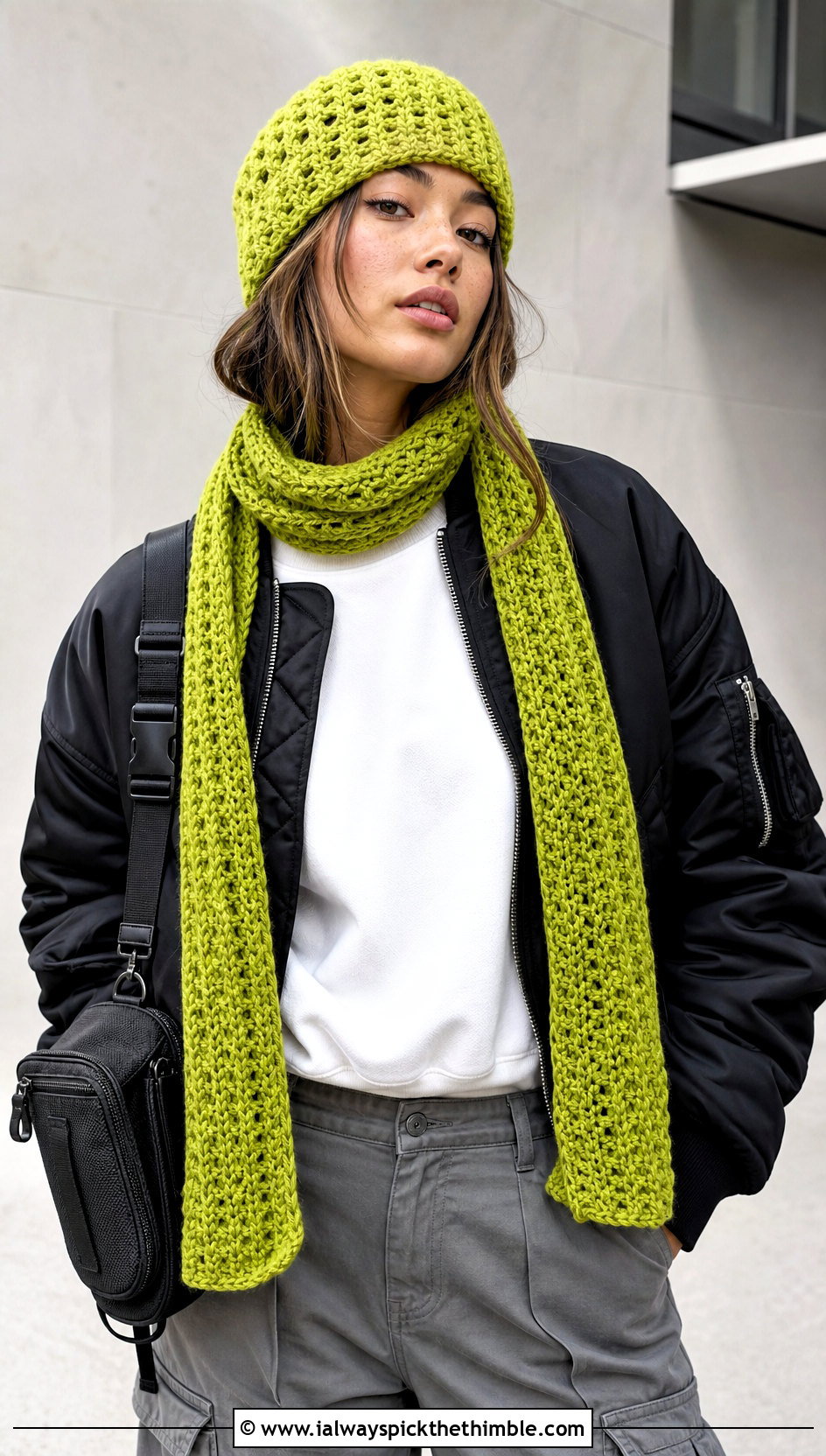 Fisherman Crochet Beanie And Skinny Scarf With Bomber Jacket - 15 Easy Crochet Hat And Scarf Set outfit ideas