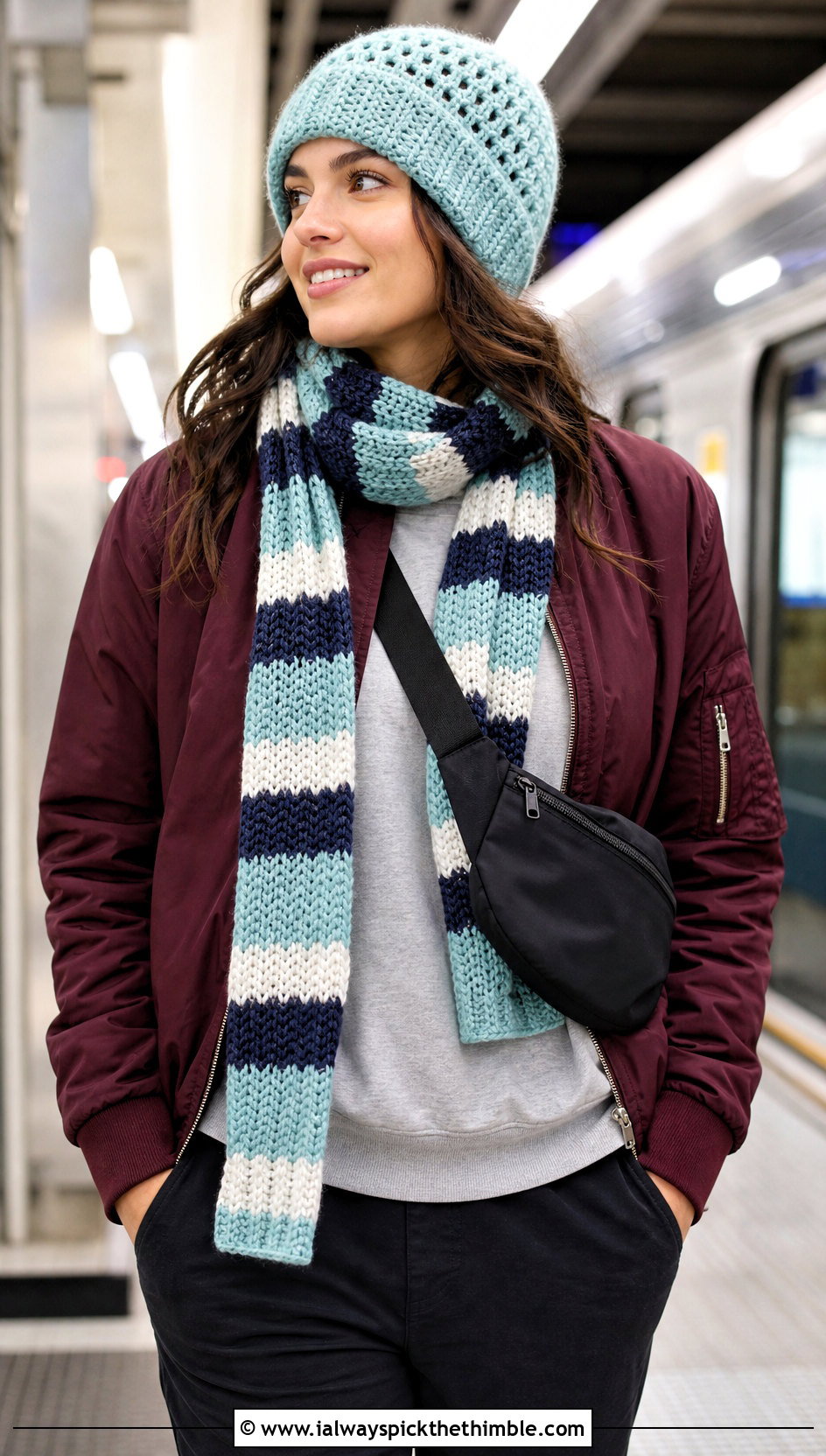 Fisherman Crochet Beanie And Striped Scarf With Bomber Jacket - 20 Crochet Scarf And Hat Set outfit ideas