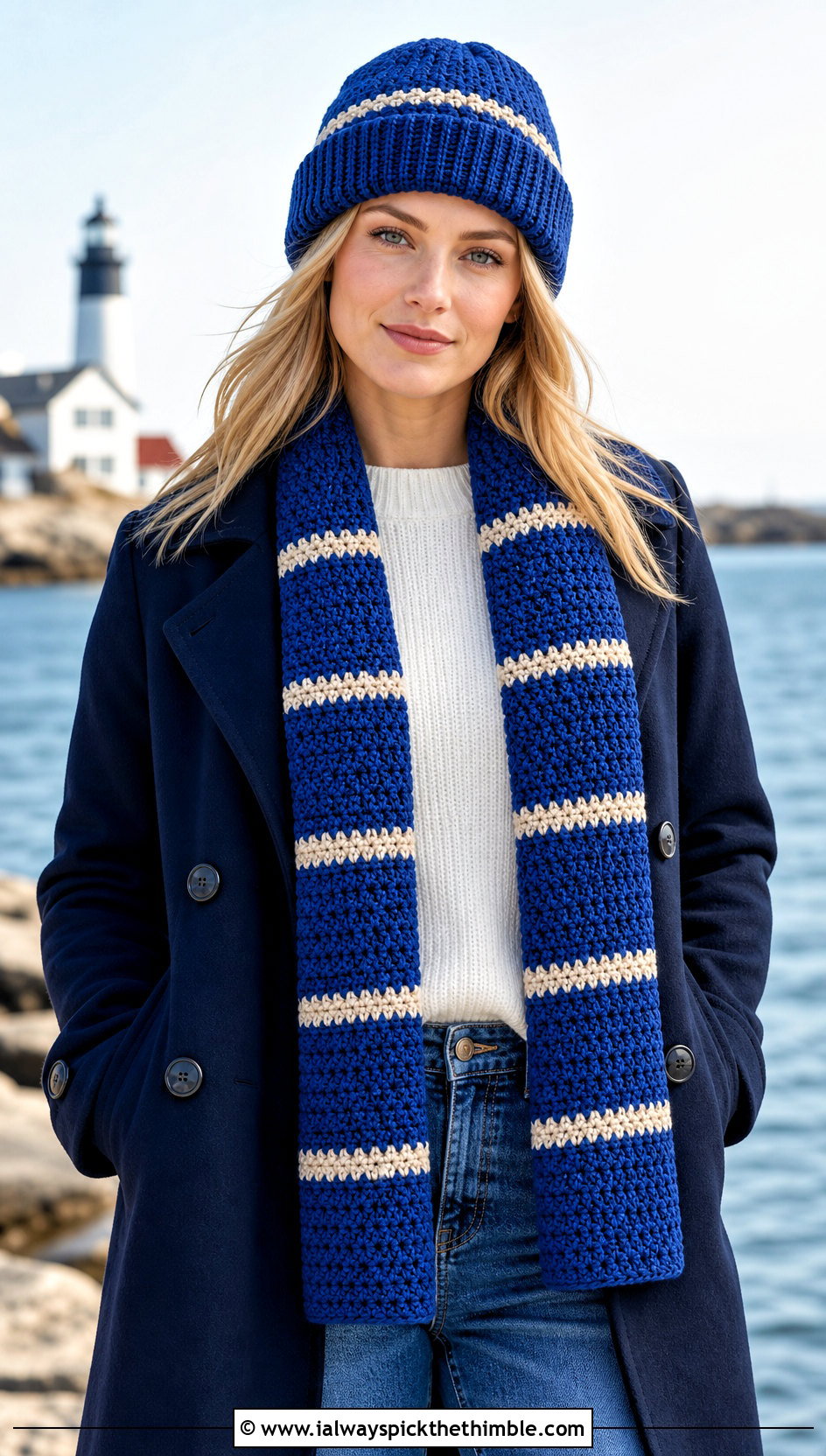 Fisherman Crochet Beanie And Striped Scarf With Peacoat - 20 crochet scarf hat combo outfit ideas