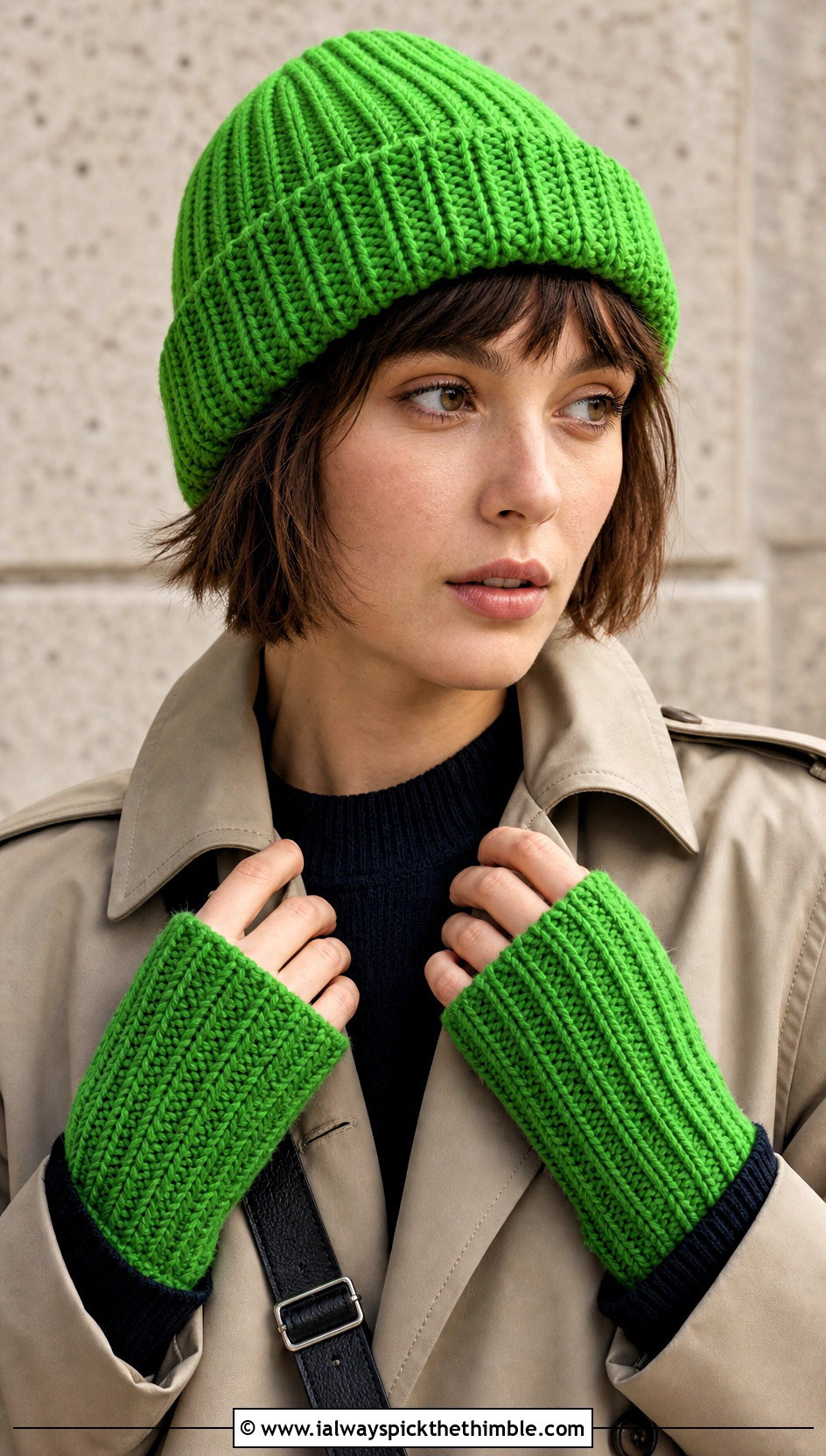 Fisherman Crochet Beanie And Wrist Warmers With A Trench Coat - 15 Crochet Hat And Gloves outfit ideas