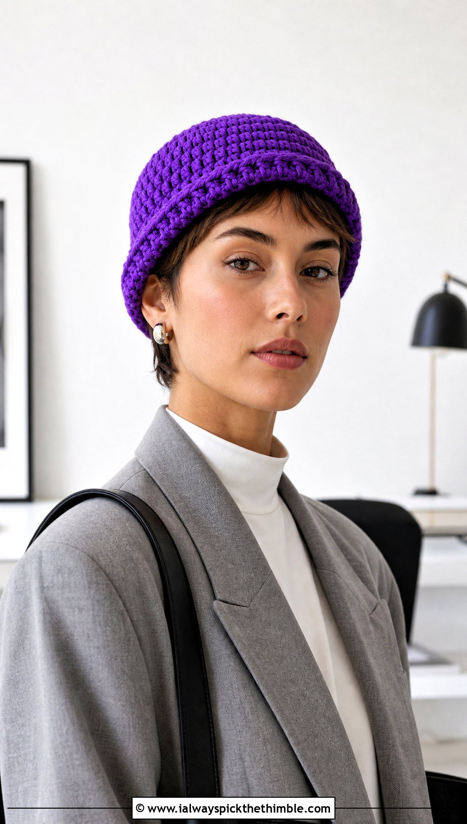 Fisherman Crochet Beanie With Blazer And Tailored Trousers - 20 crochet beanies for women outfit ideas