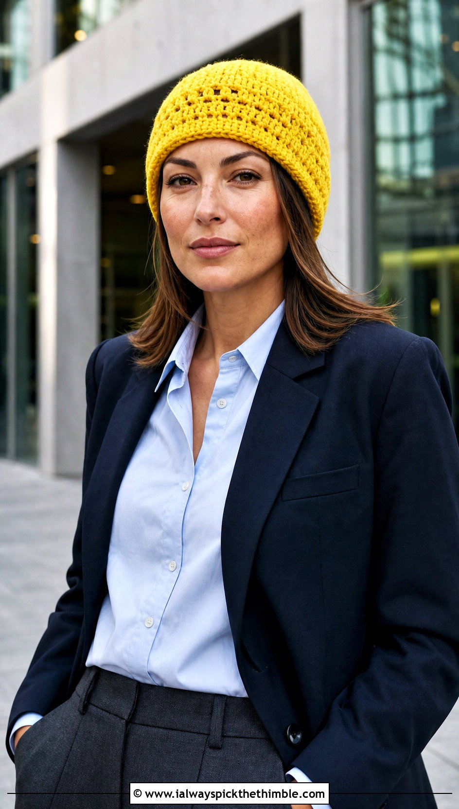 Fisherman Crochet Beanie With Blazer And Tailored Trousers - 25 aesthetic crochet beanie outfit ideas