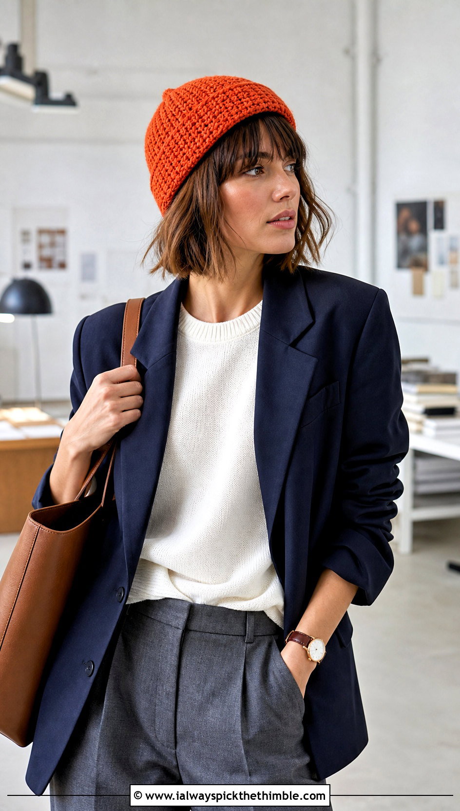 Fisherman Crochet Beanie With Blazer And Tailored Trousers - 15 Easy Crochet Projects Beanie outfit ideas