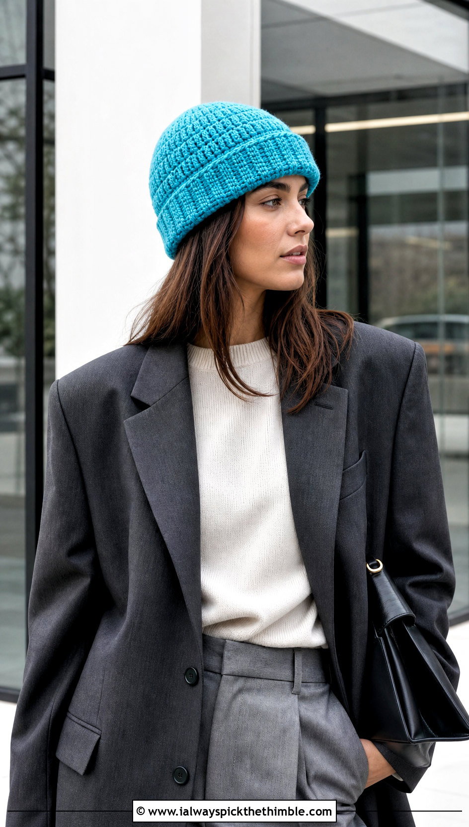 Fisherman Crochet Beanie With Blazer And Trousers - 20 Quick And Easy Crochet Hat outfit ideas