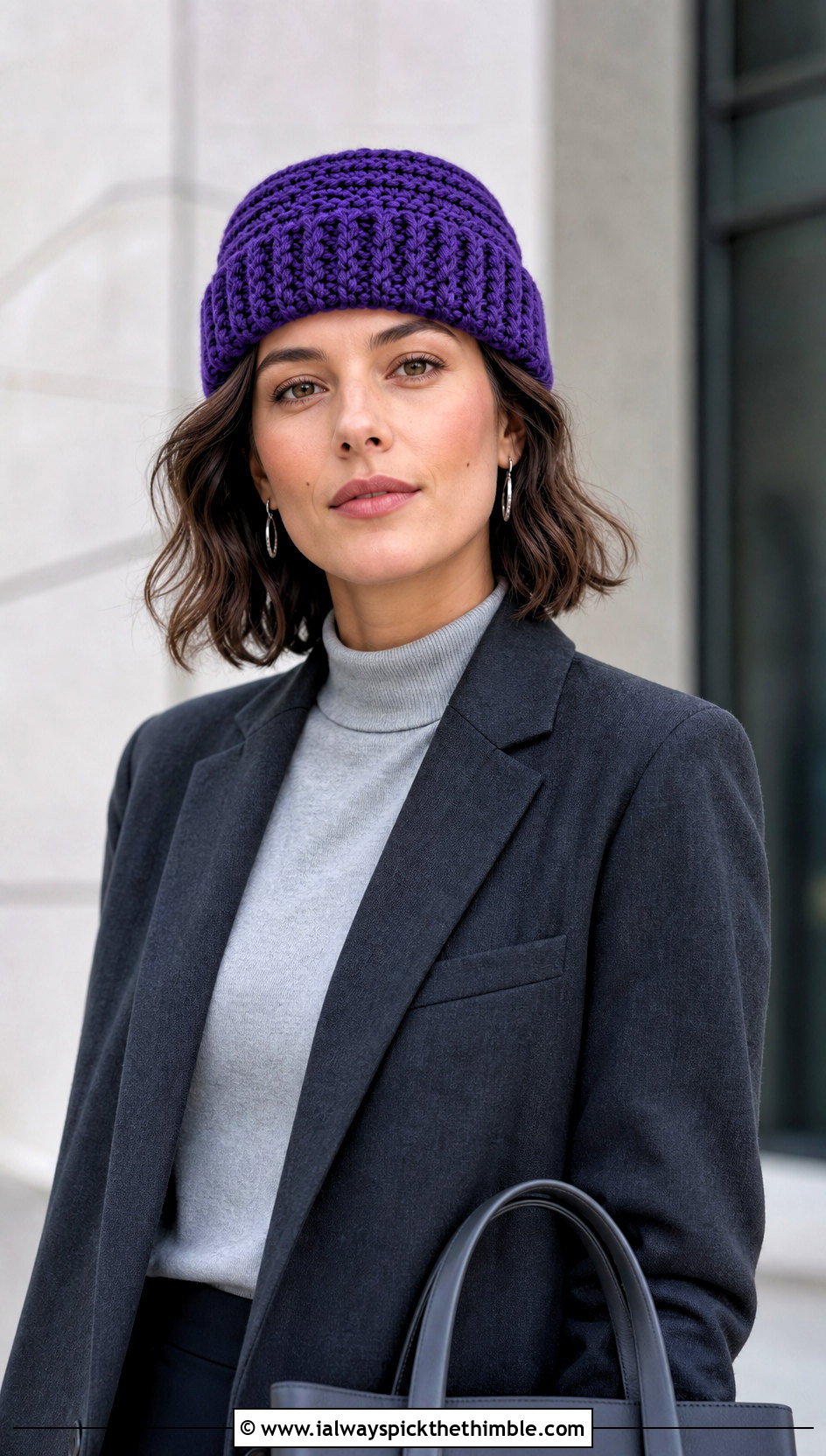 Fisherman Crochet Beanie With Blazer And Trousers - 20 Quick Crochet Beanie outfit ideas