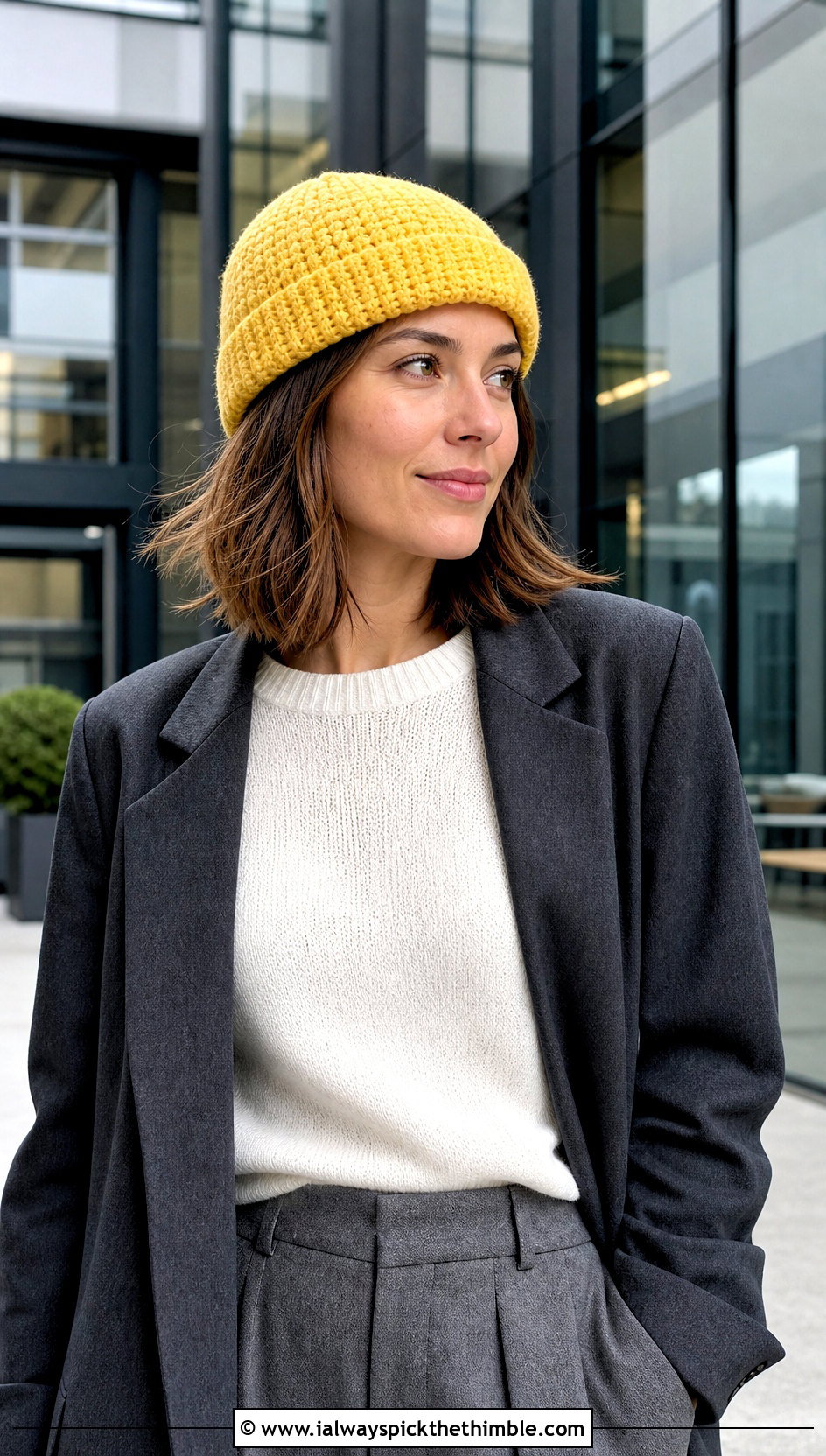 Fisherman Crochet Beanie With Blazer And Trousers - 25 easy crochet beanie outfit ideas