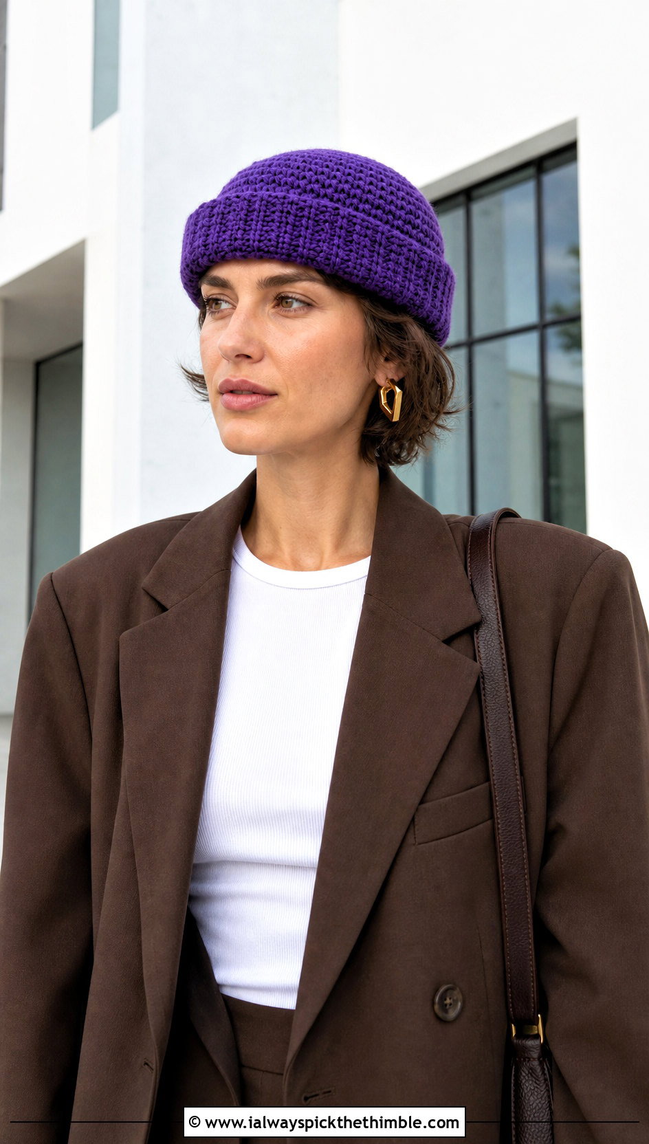 Fisherman Crochet Beanie With Blazer And Wide Leg Jeans - 20 easy crocheted hats outfit ideas