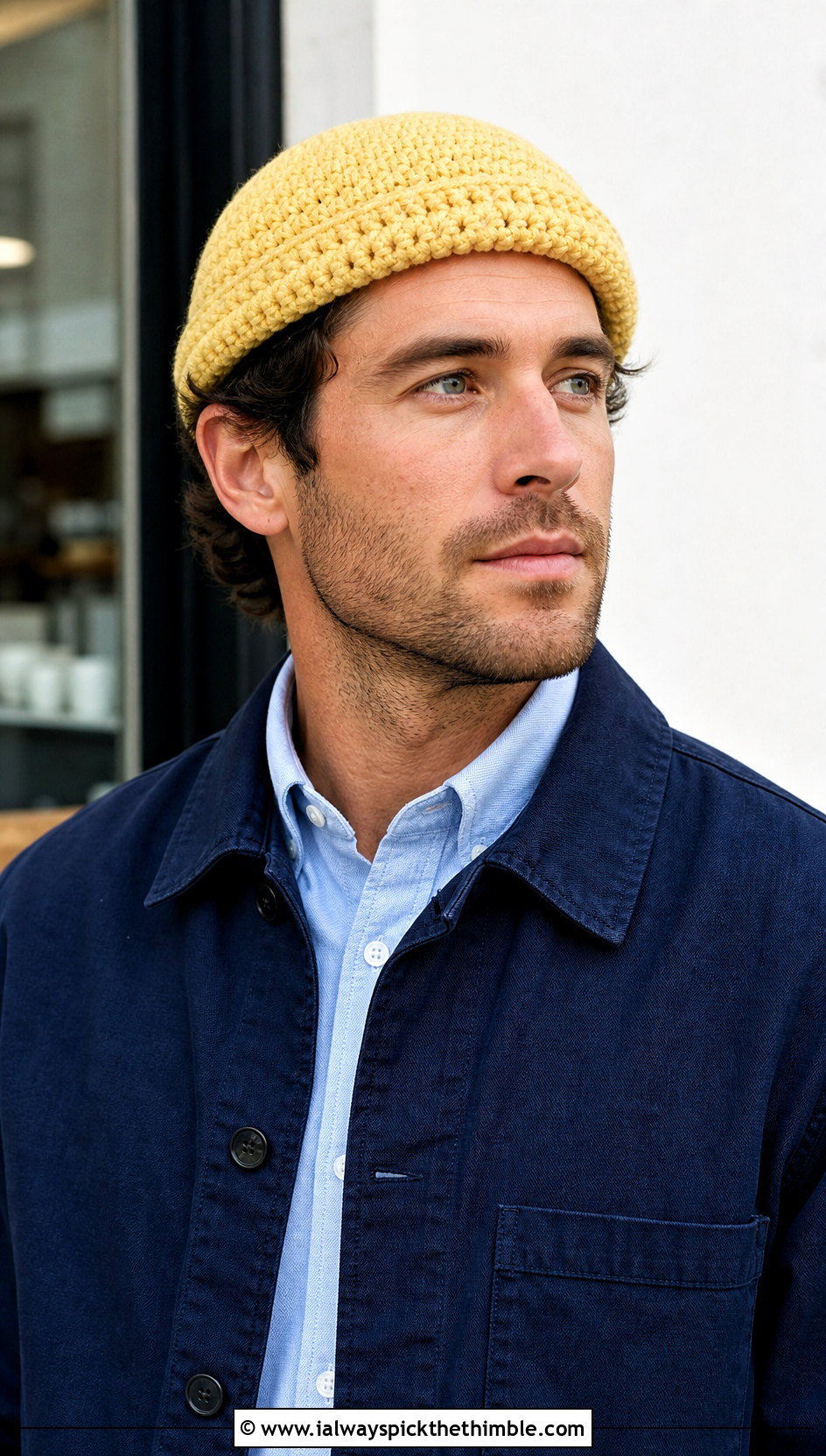 Fisherman Crochet Beanie With Chore Jacket - 15 Easy Crochet Mens Hat outfit ideas