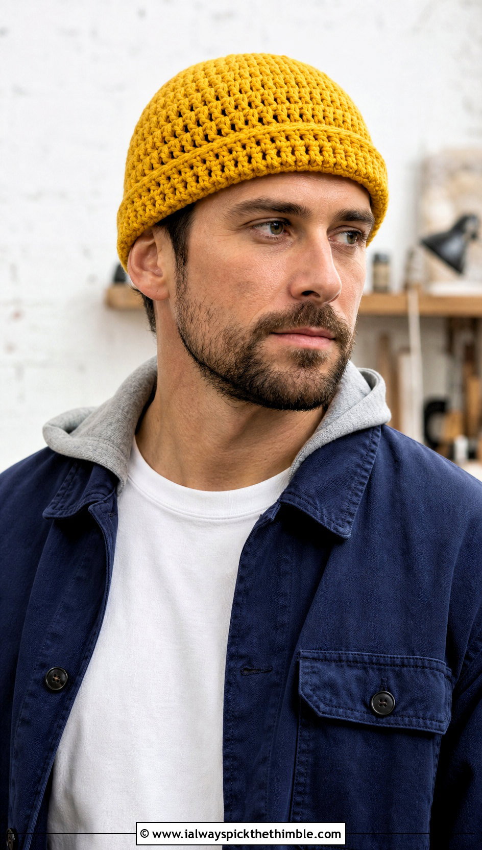 Fisherman Crochet Beanie With Chore Jacket - 20 Crochet Mens Winter Hat outfit ideas