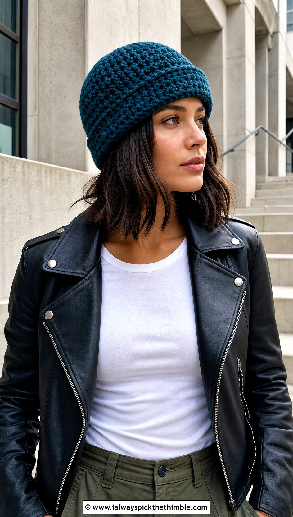 Fisherman Crochet Beanie With Leather Jacket And Cargo Pants - 15 Crochet Beanie All Sizes outfit ideas